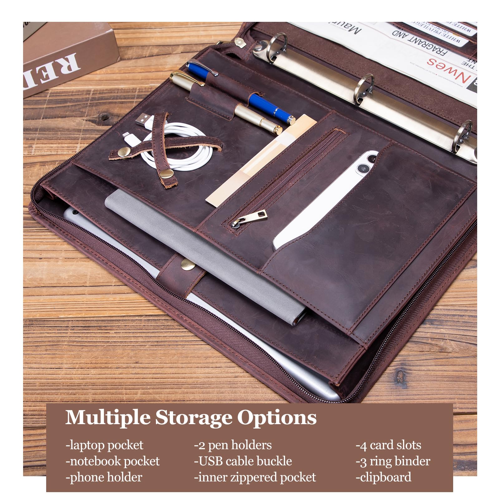 Portfolio z prawdziwej skóry z uchwytem i zamkiem błyskawicznym, segregator 3-pierścieniowy, A4 Clipboard Laptop Sleeve Business Organizer Prezent dla mężczyzn i kobiet, ciemnobrązowy
