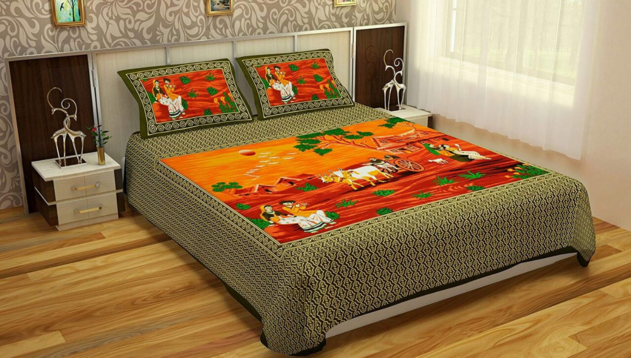 Couvre-lit en coton imprimé Jaipuri 213x228 cm avec 2 taies d'oreiller pour lit double