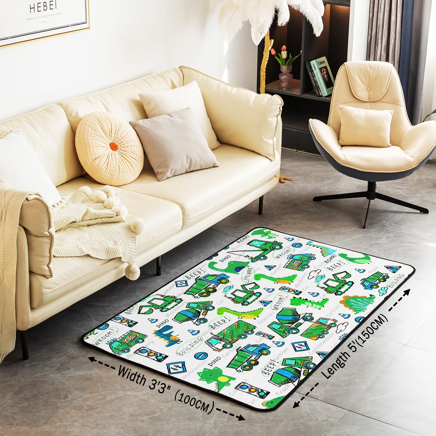 Tappeto dinosauro per soggiorno, camera da letto per bambini carino Dino area di costruzione tappeto attrezzature camion escavatore tappeto, dinosauri, macchine per camera da letto, tappeto verde 150