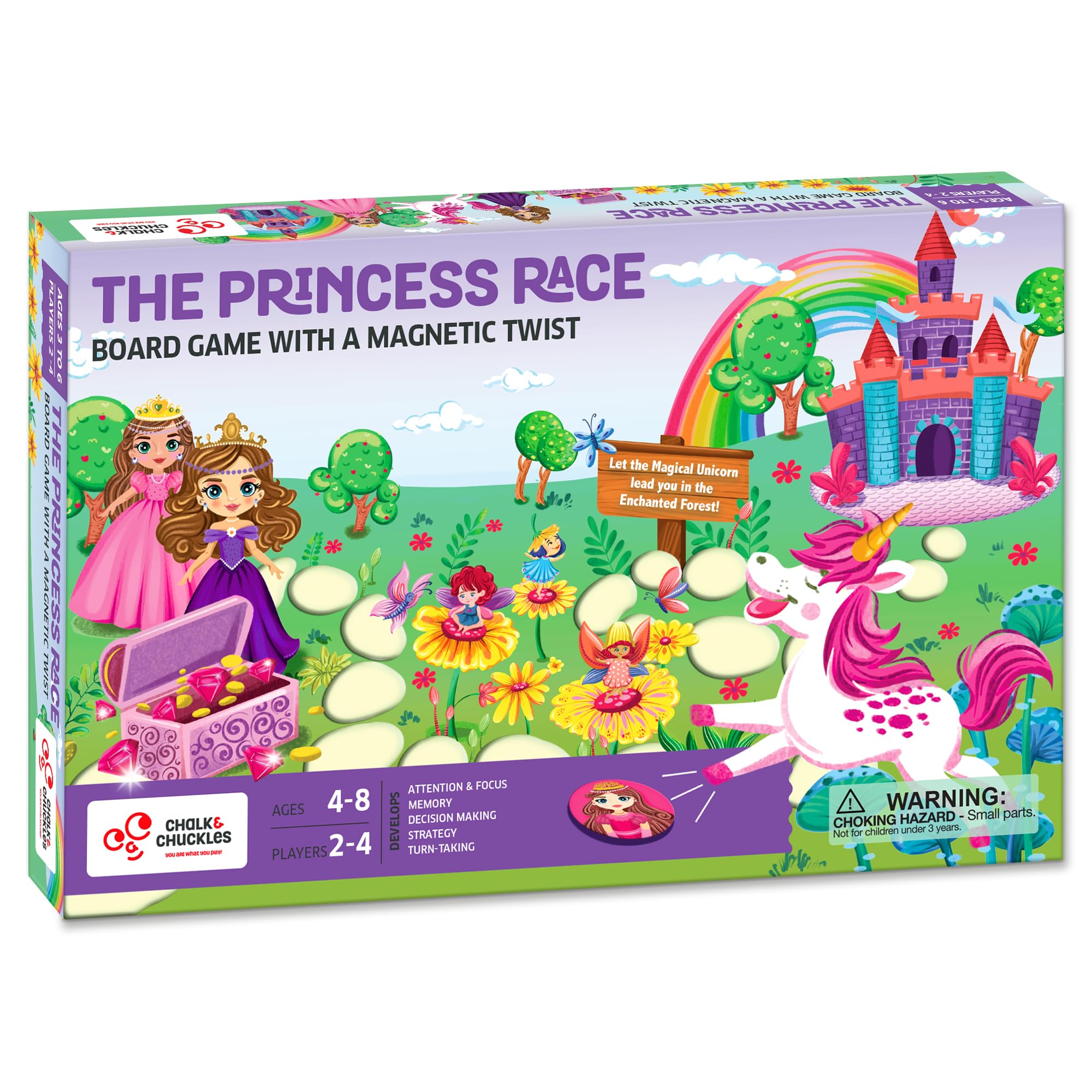 Chalk & Chuckles Princess Race Board Game for Kids with Magnetic Twist, Unicorn Toys for Kids, Fun Strategy & Memory Game, Gift for Girls & Boys Ages 3, 4, 5, 6, 7, 8 Years, 2-4 Players