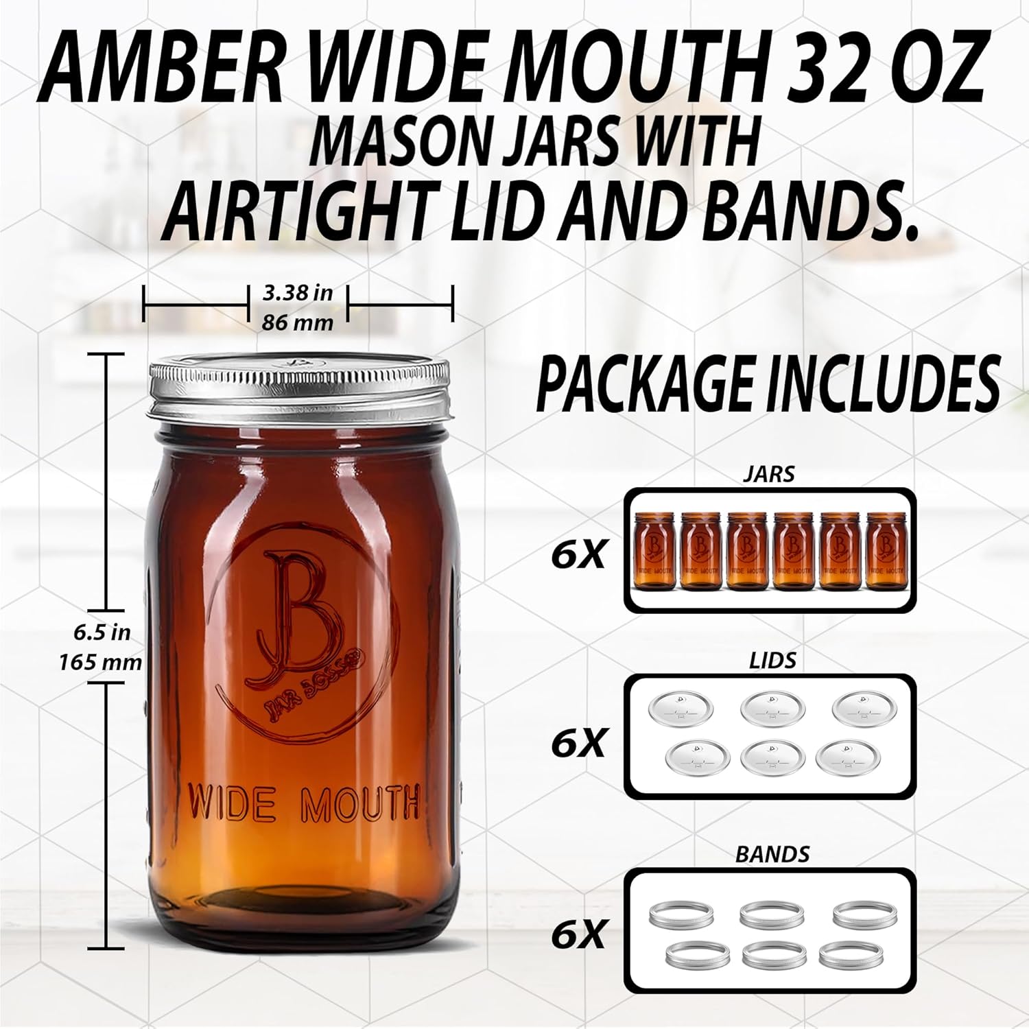 Amber Wide Mouth Mason Jars 32 oz - (6 Pack) - Amber Glass Quart Mason Jars With Airtight Lids and Bands. For Storage, Canning, Fermenting, Meal Prep, Cold Brew Coffee, Microwave & Dishwasher Safe