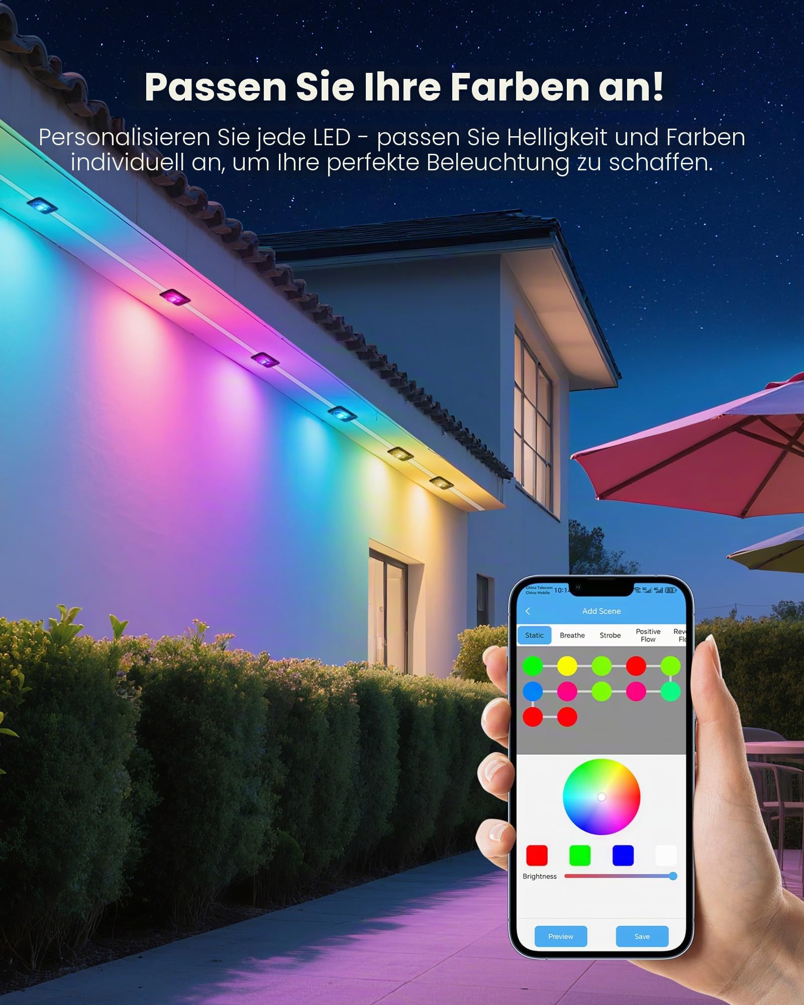 Permanente Außenbeleuchtung Smart RGBIC Wasserdicht Trauflichter, Bluetooth Außenleuchten Lichtschläuche Outdoor LED Stripe, Mehreren Szenenmodi (45 Meter (3 Rollen à 15M))