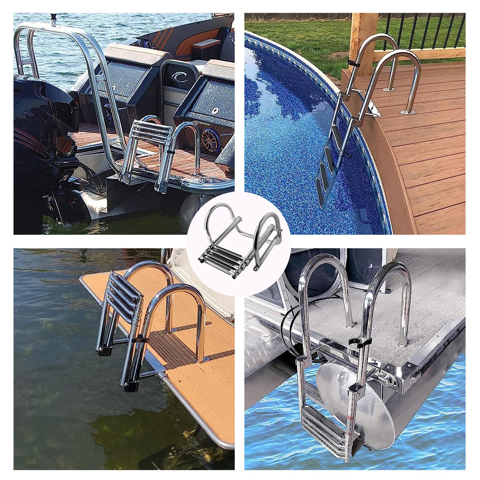 Scaletta pieghevole a 4 gradini, in acciaio inox, piattaforma superiore per bacino, piscina, marina, pontone