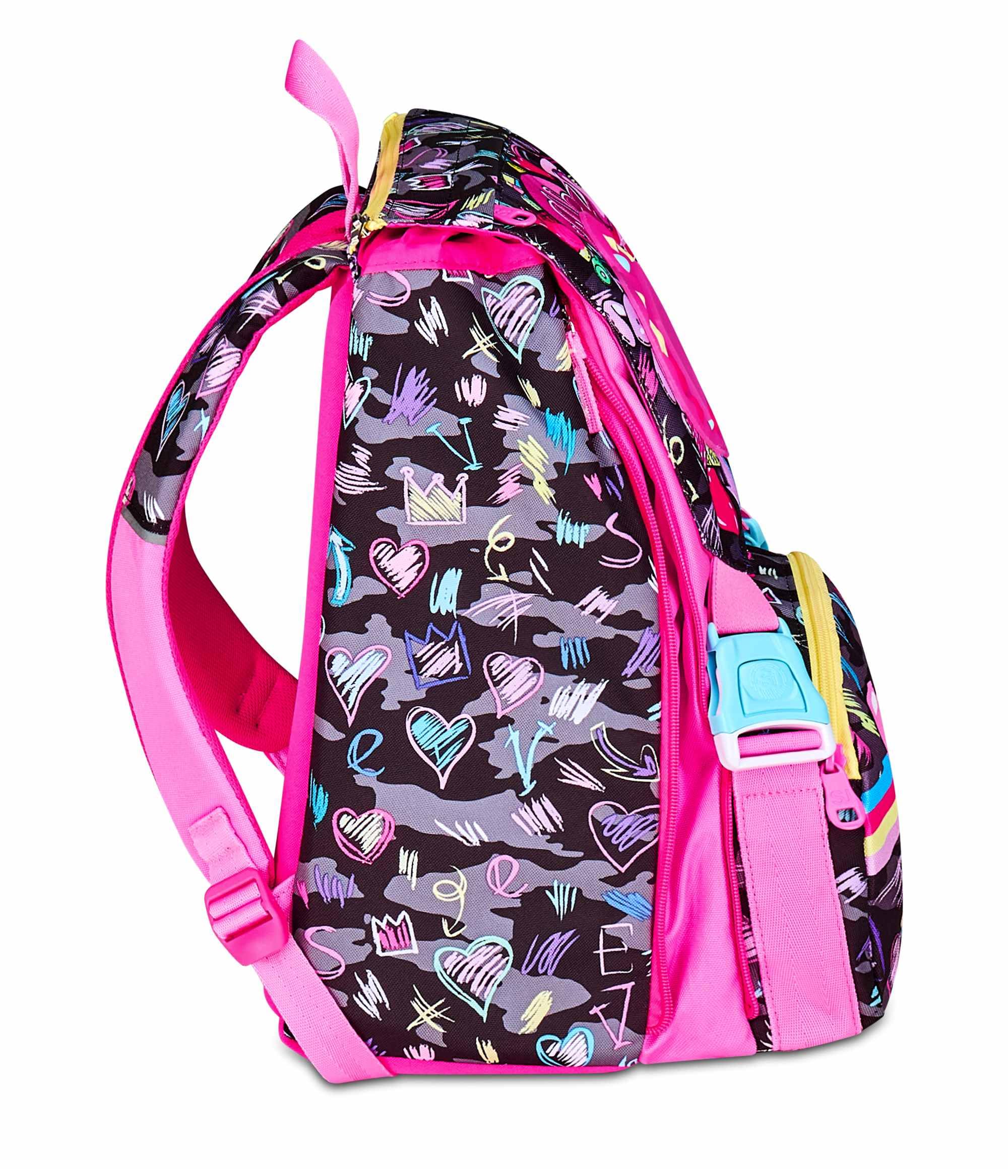SJ GANG STYLE JAM GANG Zaino Scuola Estensibile Big, Fucsia, Zaino con Divisorio Interno, Tasca Superiore con LED Cuore, Tasca per Borraccia, 24 L, Zaino Scuola Elementare, Zaino Bambina