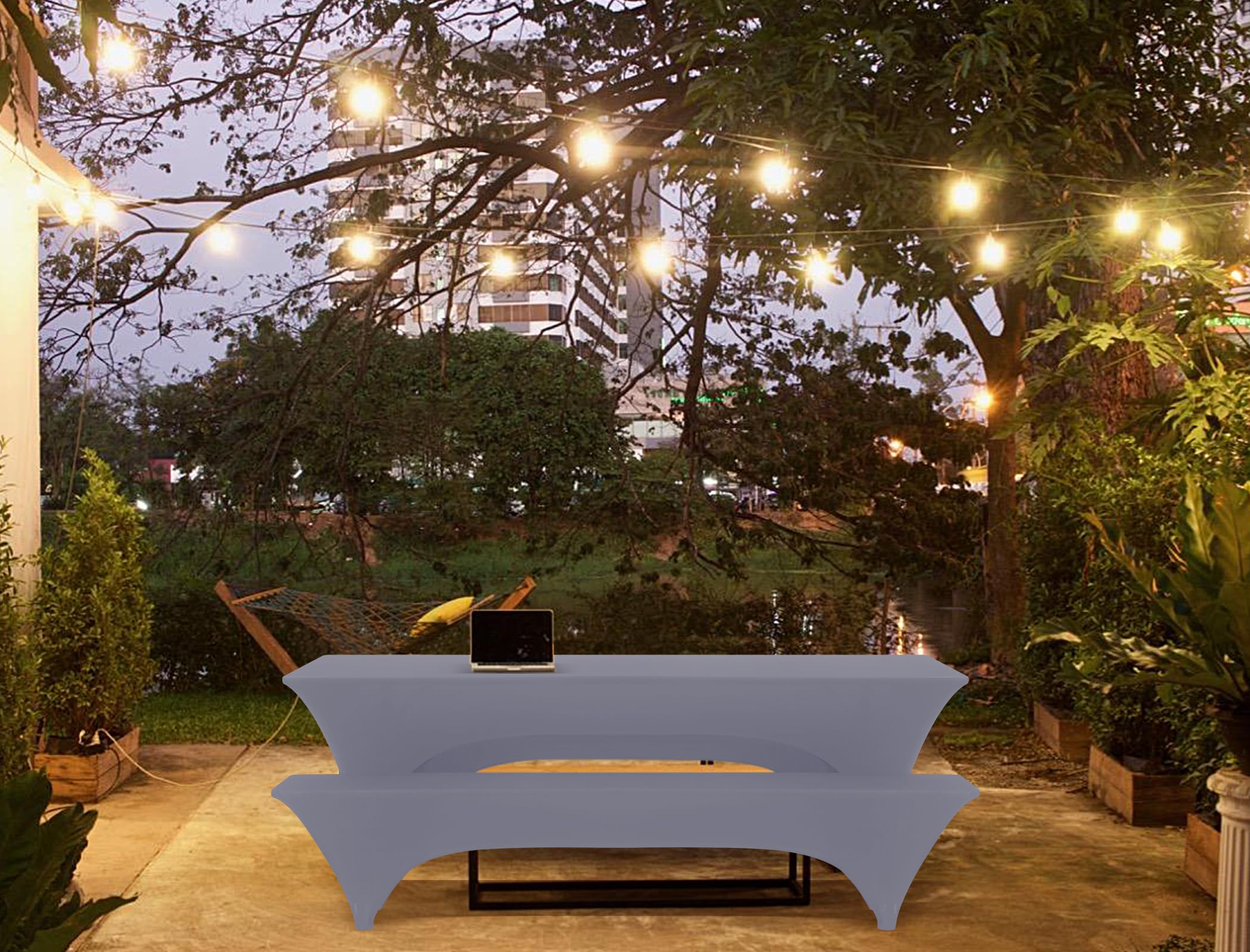 Vier 3er-Set Biertischhussen 220 x 50 x 70cm, hussen bierzeltgarnitur, hellgrau, Stretch-Bezüge für Biertisch-und Bankgarnituren, Bierbankhussen, Spandex-Bierzeltgarnitur für Bankett