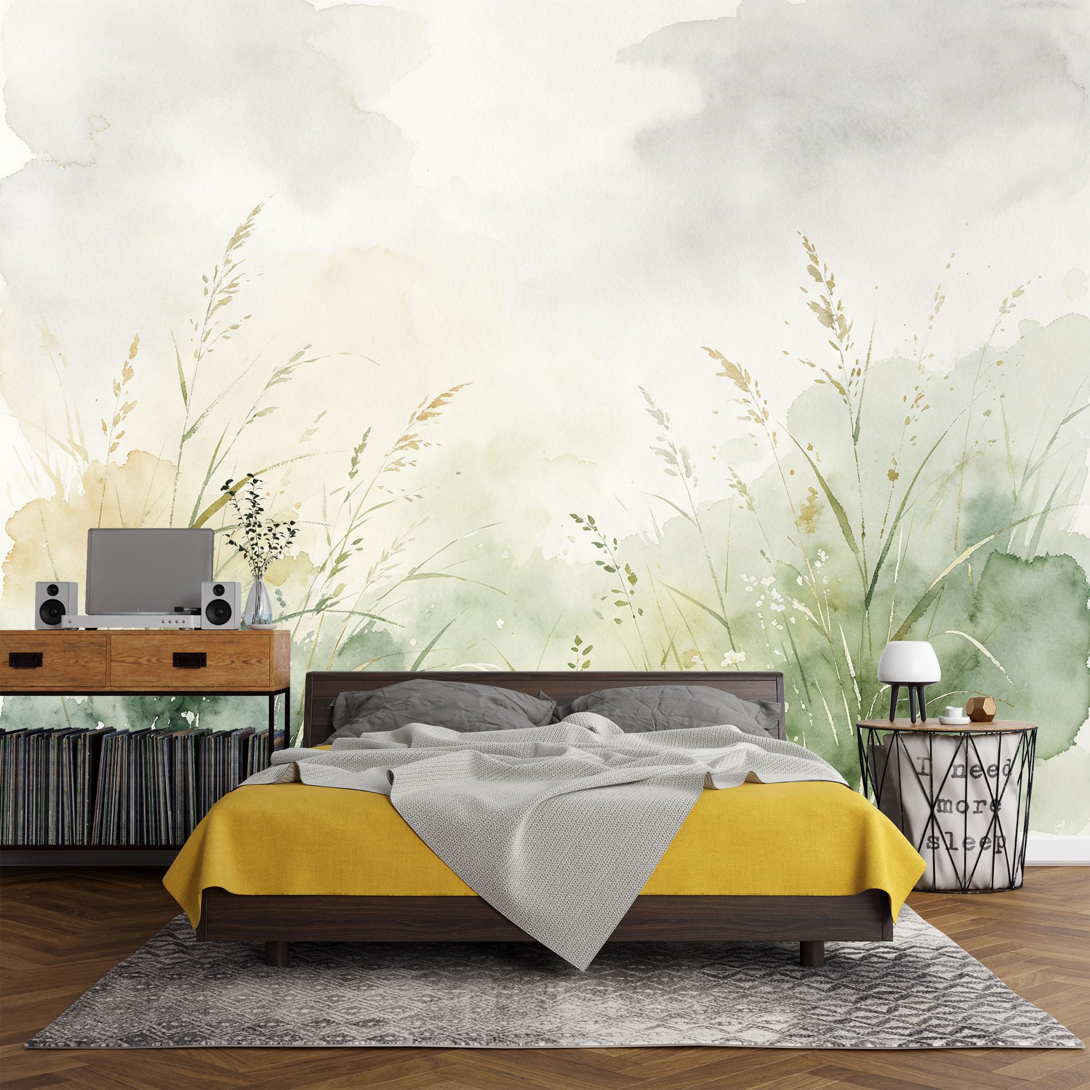 Custom Size Wall Mural， Botanical Watercolor Grasses Meadow Landscape Art，SelfAdhesive Art Prints wall Fabric (No PVC) Removable Wallpaper Living Room Decor