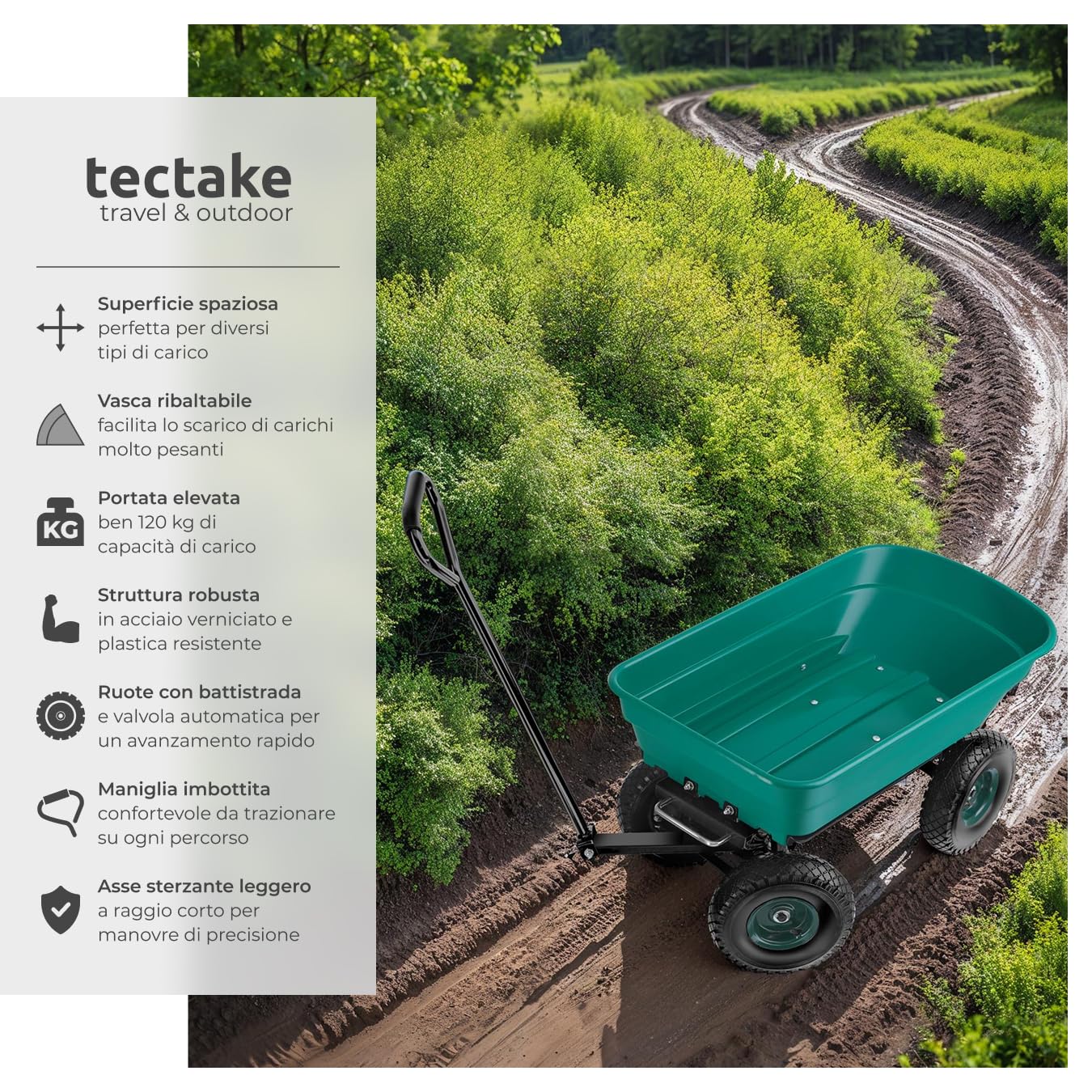 tectake® Carretto Giardino - Portata 120kg - Ruote Pneumatiche, Carrellino con Ruote Portatutto, Telaio in Acciaio, Manico Imbottito, Facile da Manovrare, per Giardino e Esterno - Verde