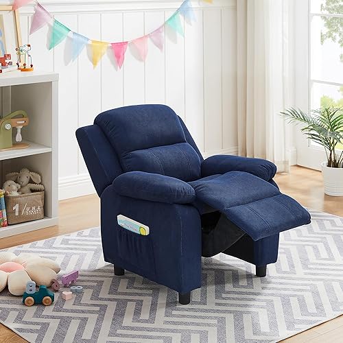 Miniatura 4 de Ulax furniture Silla reclinable de pana para niños, sofá con reposabrazos para niños, sofá ergonómico ajustable con reposapiés, respaldo acolchado,
