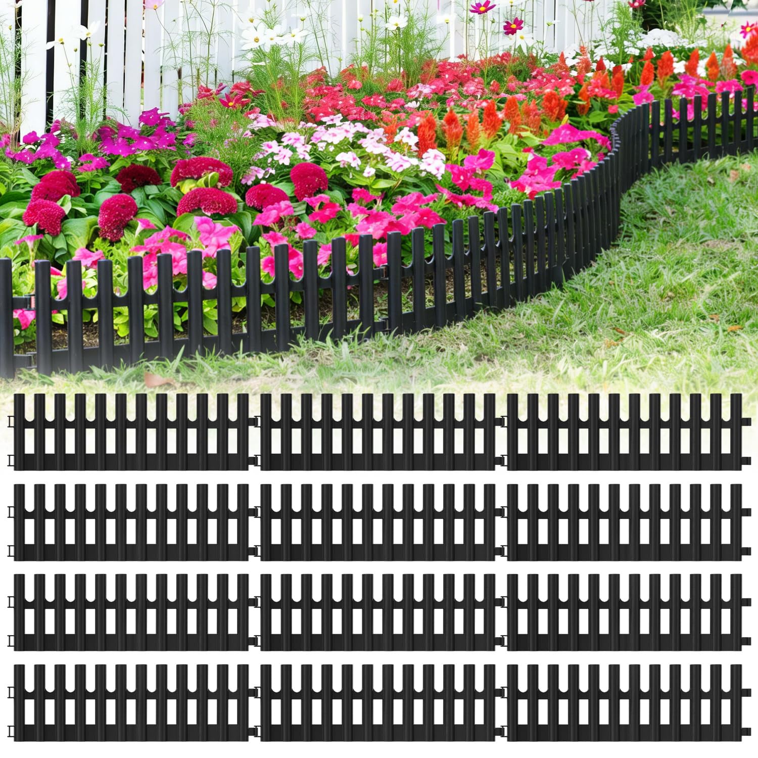 Borde de césped de plástico negro, 10,32 m x 13 cm, juego de 24 cercas con 48 estacas, borde flexible para arriates y fronteras para jardín, césped, parterres y jardín delantero