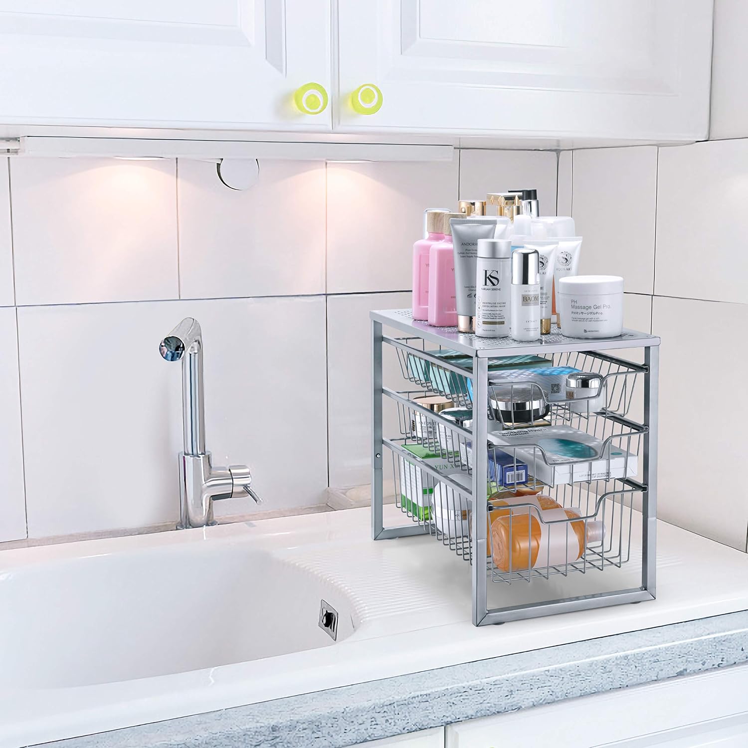 Simple Trending 3-Tier Under Sink Cabinet Organizer with Sliding Storage Drawer, Desktop Organizer for Kitchen Bathroom Office, Stackable,Silver