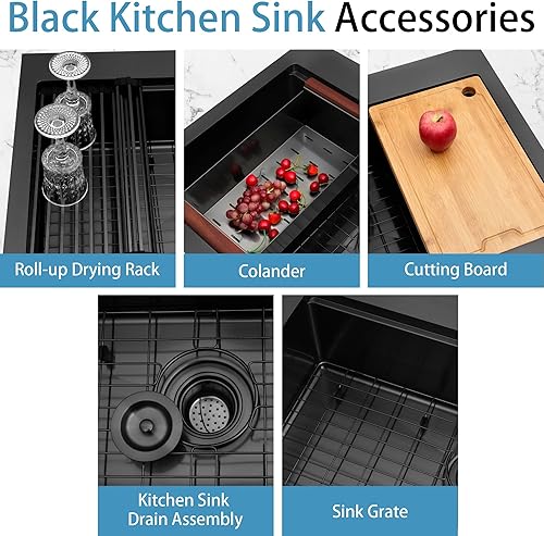 Miniatura 5 de LQS Fregadero de cocina negro, fregadero de cocina desplegable de 33 x 22 pulgadas, fregadero de acero inoxidable calibre 16, montaje superior