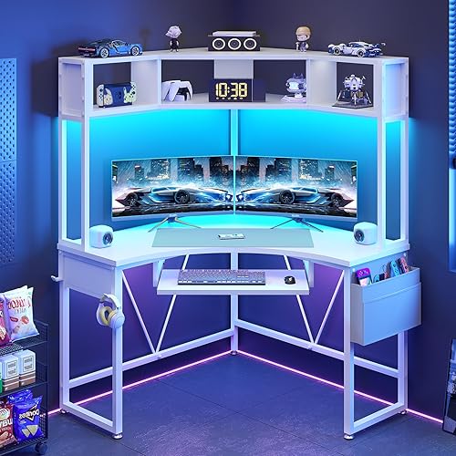 Miniatura 8 de SEDETA Escritorio esquinero, escritorio pequeño para computadora con gabinete y luces LED, escritorio de esquina triangular para computadora con