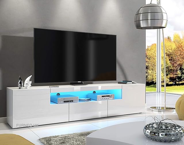 Furneo White TV Stand 200cm Unit Matt & High Gloss Clifton10 Blue LED Lights