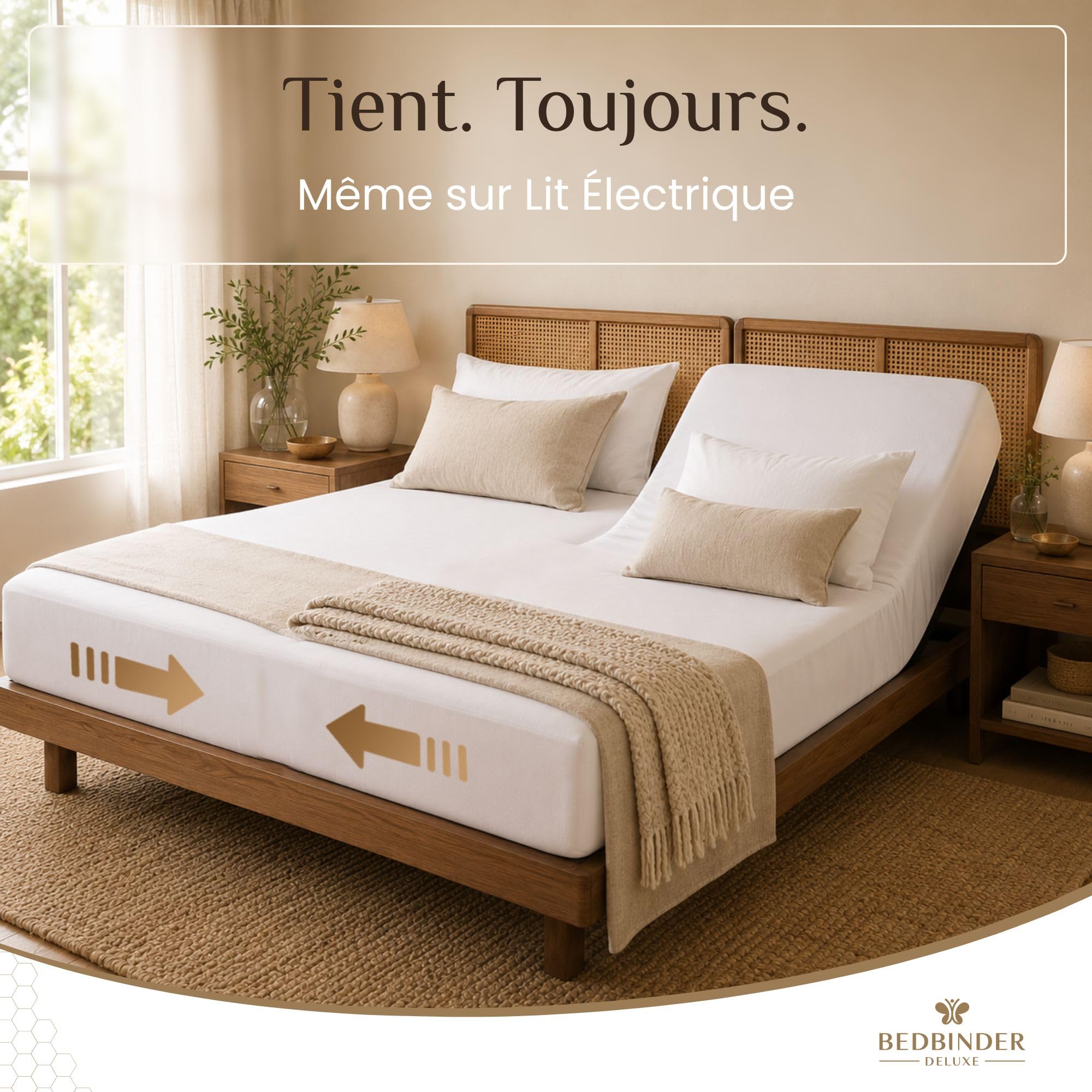 Bedbinder Deluxe Pont de Lit et Sangle Matelas Anti-Glissement pour 2 Lits | Cale Matelas et Connecteur pour Relier Deux Matelas en Un Lit Double, Compatible Lit Électrique Réglable, Sans Trou ni Bosse