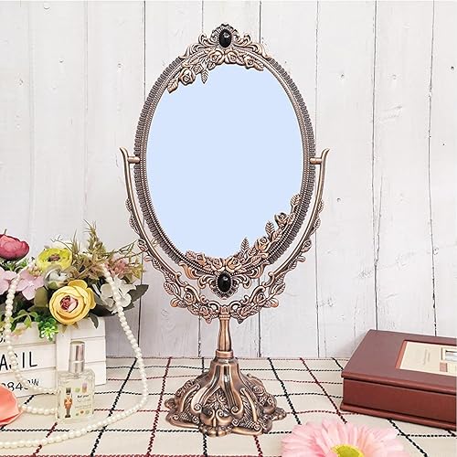 Miniatura 5 de Guppy Espejo de maquillaje vintage de metal de 15 pulgadas, espejo cosmético ovalado de mesa, espejo cosmético giratorio vintage de doble cara con