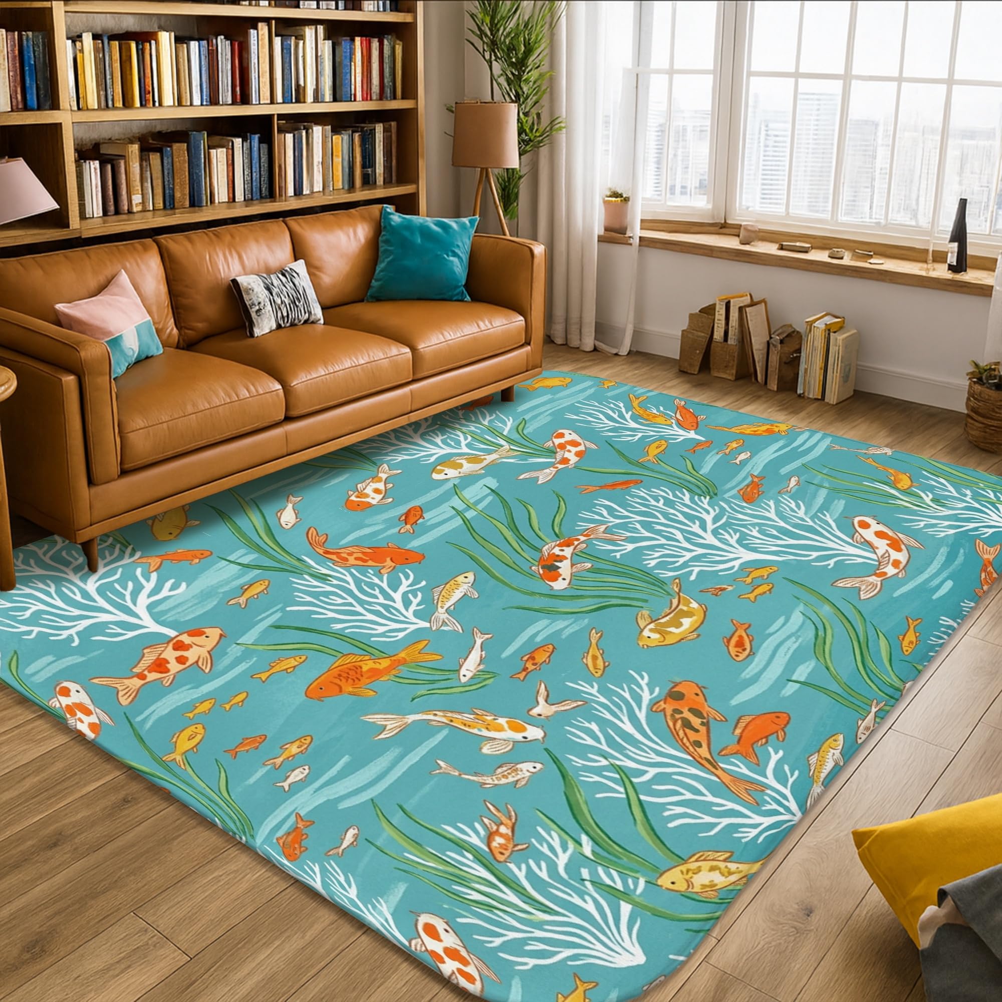 Alfombra de área de peces de carpa, naturaleza acuática, algas marinas de verano, turquesa, antideslizante, rectangular, alfombras de suelo para sala de estar, dormitorio, decoración de comedor, hogar