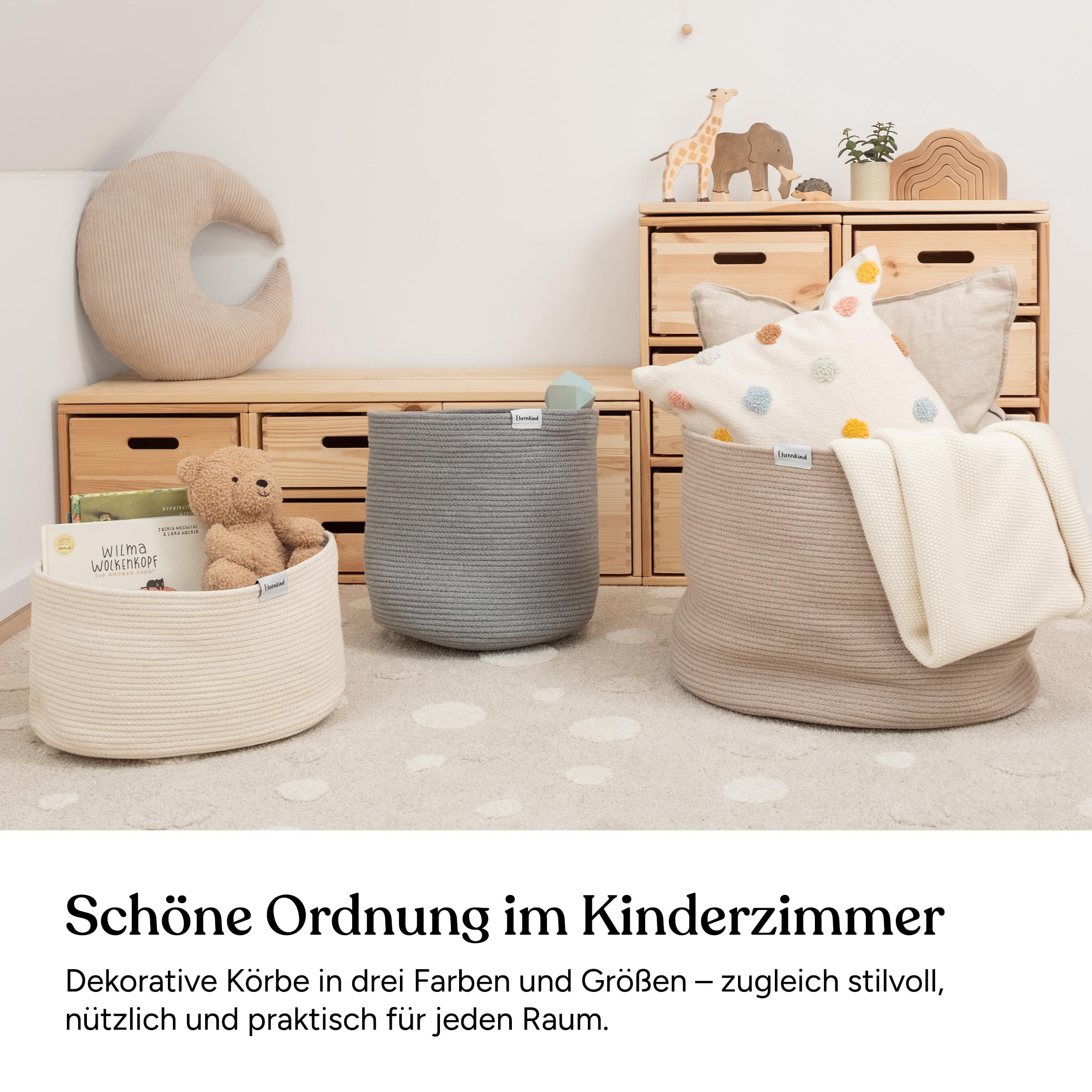Ehrenkind® Aufbewahrungskorb – Spielzeugkorb für Kinder | In 3 Größen & Farben | Robustes Seilmaterial | Ideal als Wäschekorb oder Spielzeugaufbewahrung | 32x32 cm | Beige