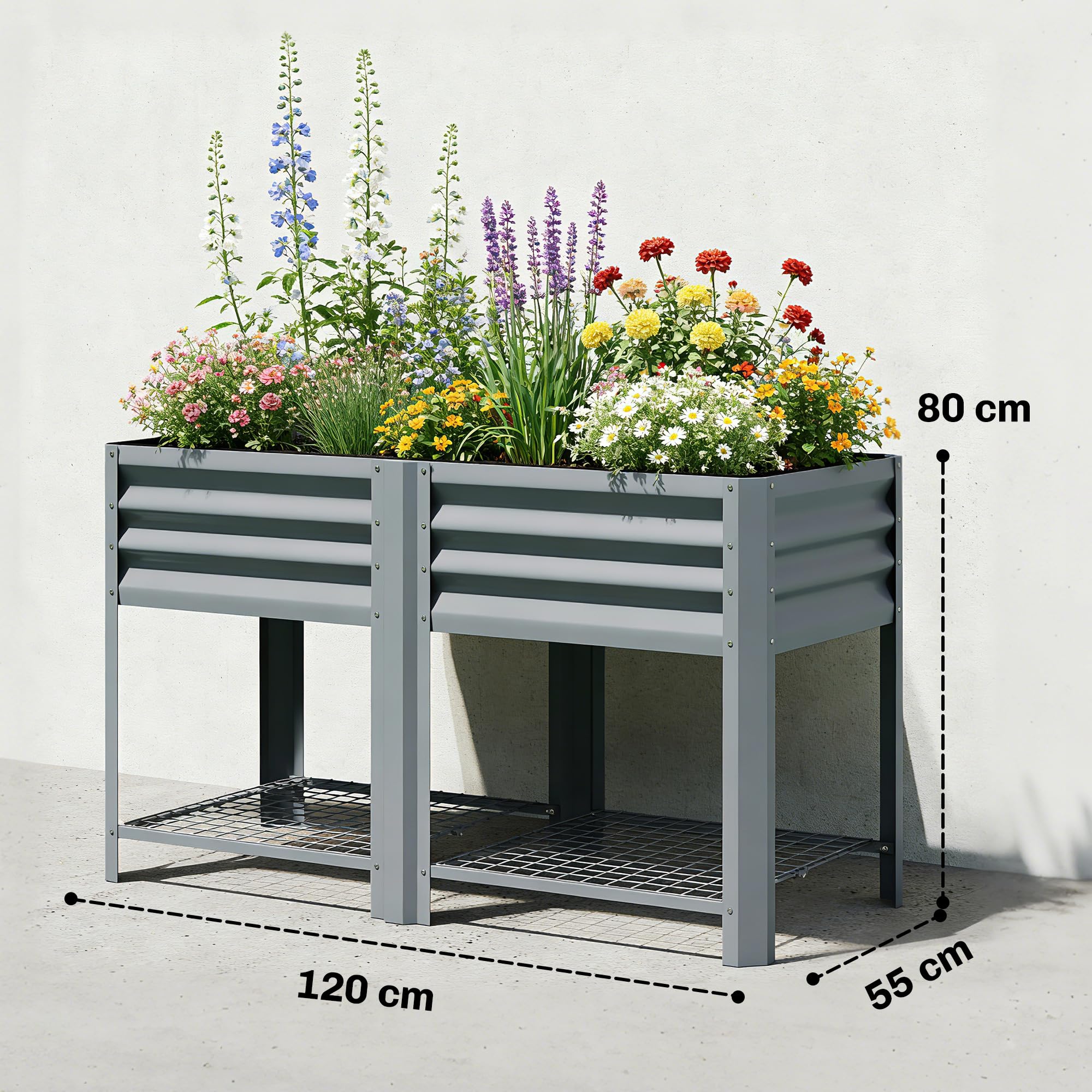 Outsunny Huerto Urbano Elevado con Estante Inferior, Mesa de Cultivo de Metal Galvanizado con Forro y Guantes, para Cultivo, Plantas y Flores, 120x55x80 cm, Gris Plateado