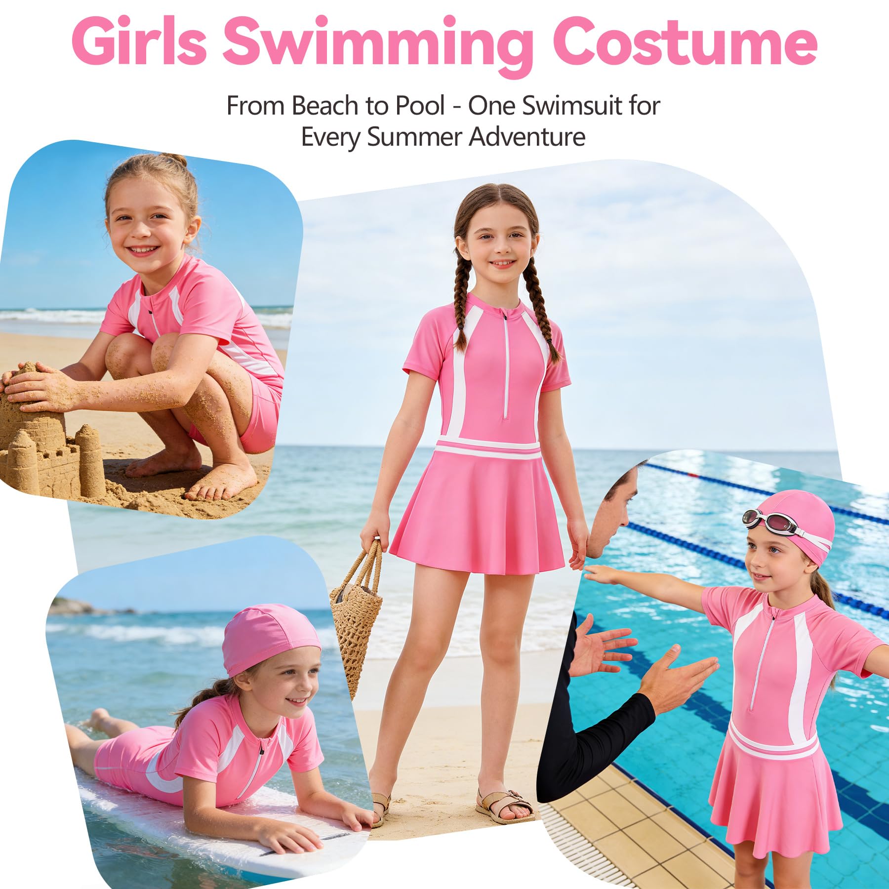 Maillot de Bain 3 en 1 pour Filles - Maillot de Bain Une Pièce à Manches Courtes avec Jupe et Bonnet de Bain, Séchage Rapide Plage Piscine Surf Maillots pour Enfants 4-12 Ans