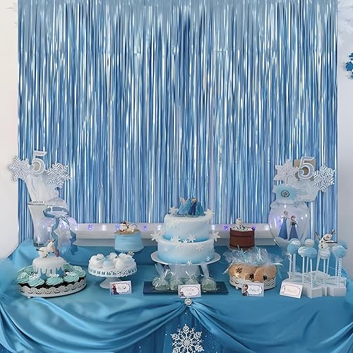 Miniatura 3 de LOLStar Suministros para fiesta de cumpleaños de Frozen, paquete de 2 decoraciones azul bebé de 3.3 x 6.6 pies, serpentinas metálicas, telón de