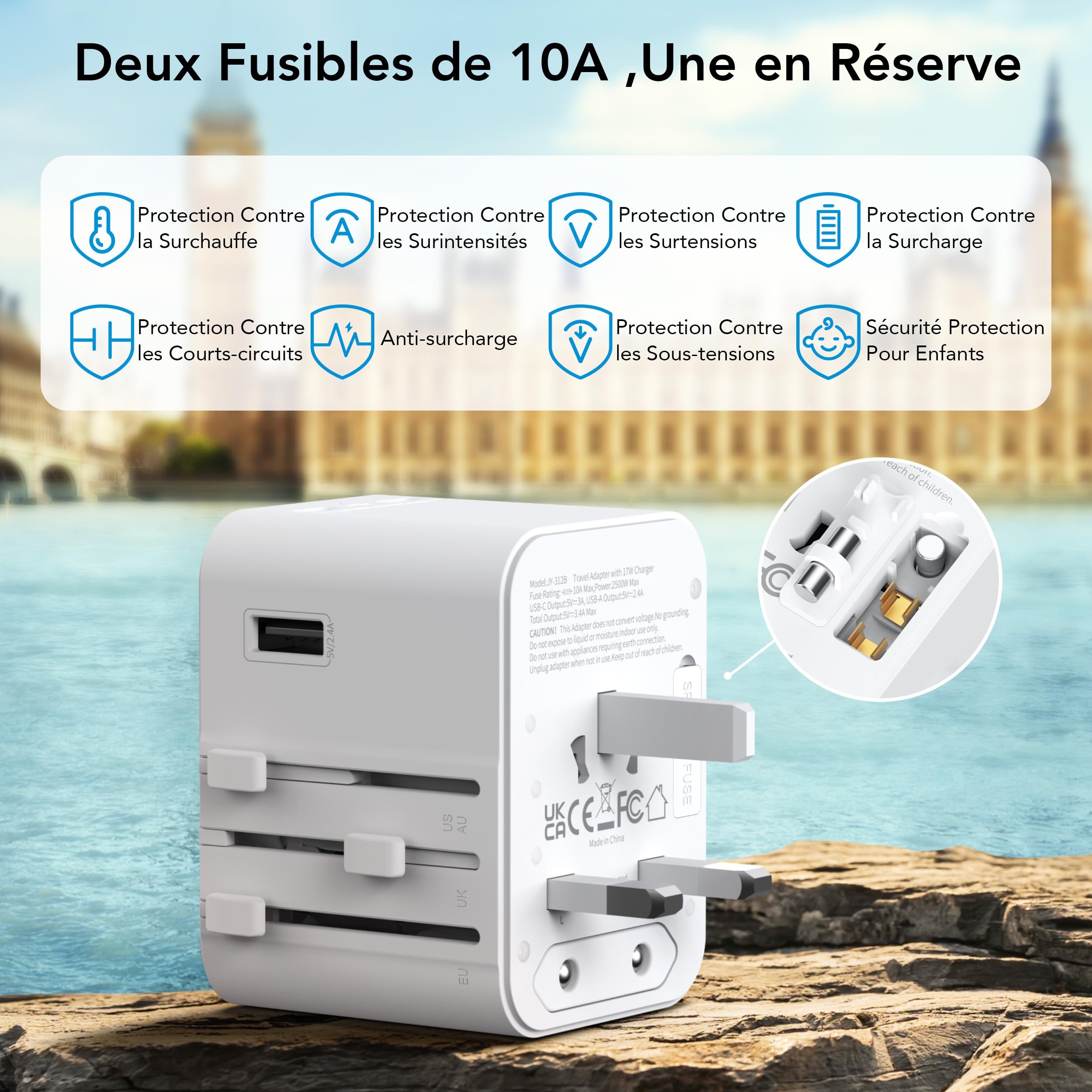 Adaptateur Prise Universelle Adaptateur Voyage avec 2 Ports USB A et 2 Ports Type C，France vers USA Canada UK Italie Australie Chine Japon Thaïlande，Prise Universelle Voyage