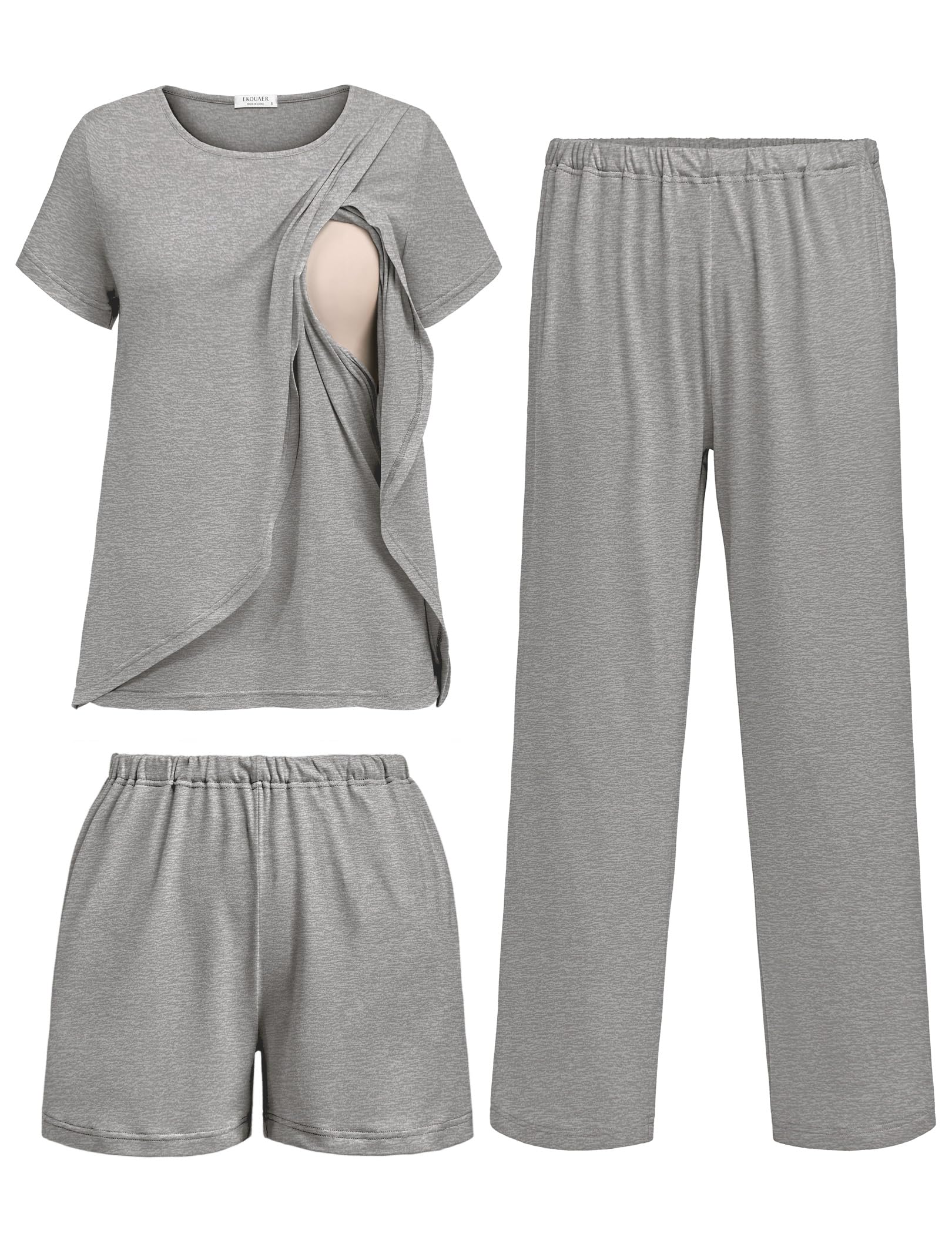Ekouaer 3 PCS Maternity Nursing Pajamas Set Postpartum Breastfeeding PJS