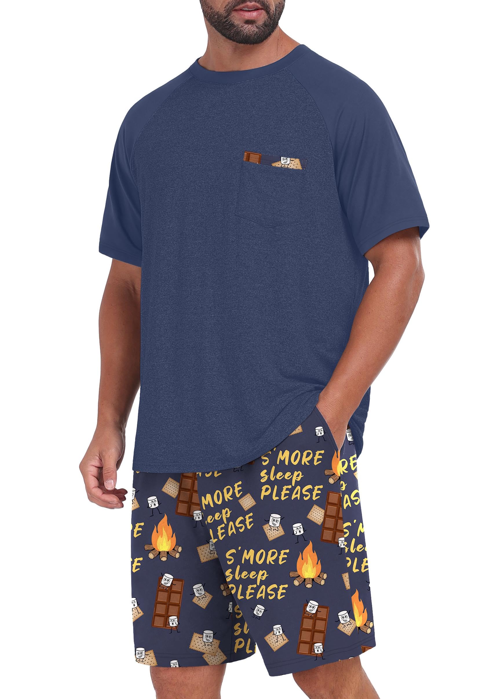 Mens Pajamas Set Shirt and Shorts Lightweight Summer Sleepwear