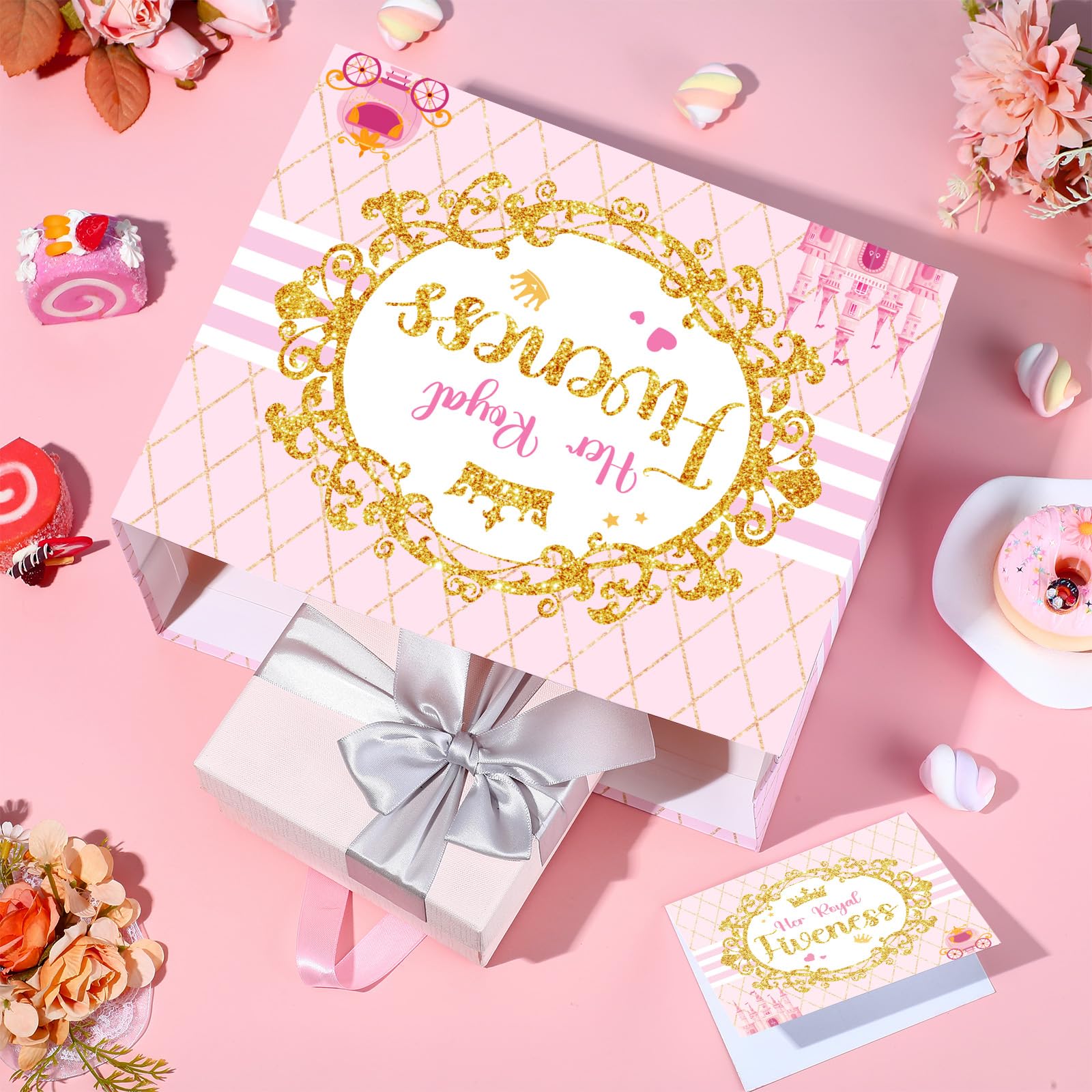 Princess Gift Bags Pink Happy 5th Birthday Party Favors Bag Princess Birthday Party Decorations with Wrapping Tissue Paper and Greeting Card for 5 Year Old Girls Kids Baby Shower Party Supplies Decor