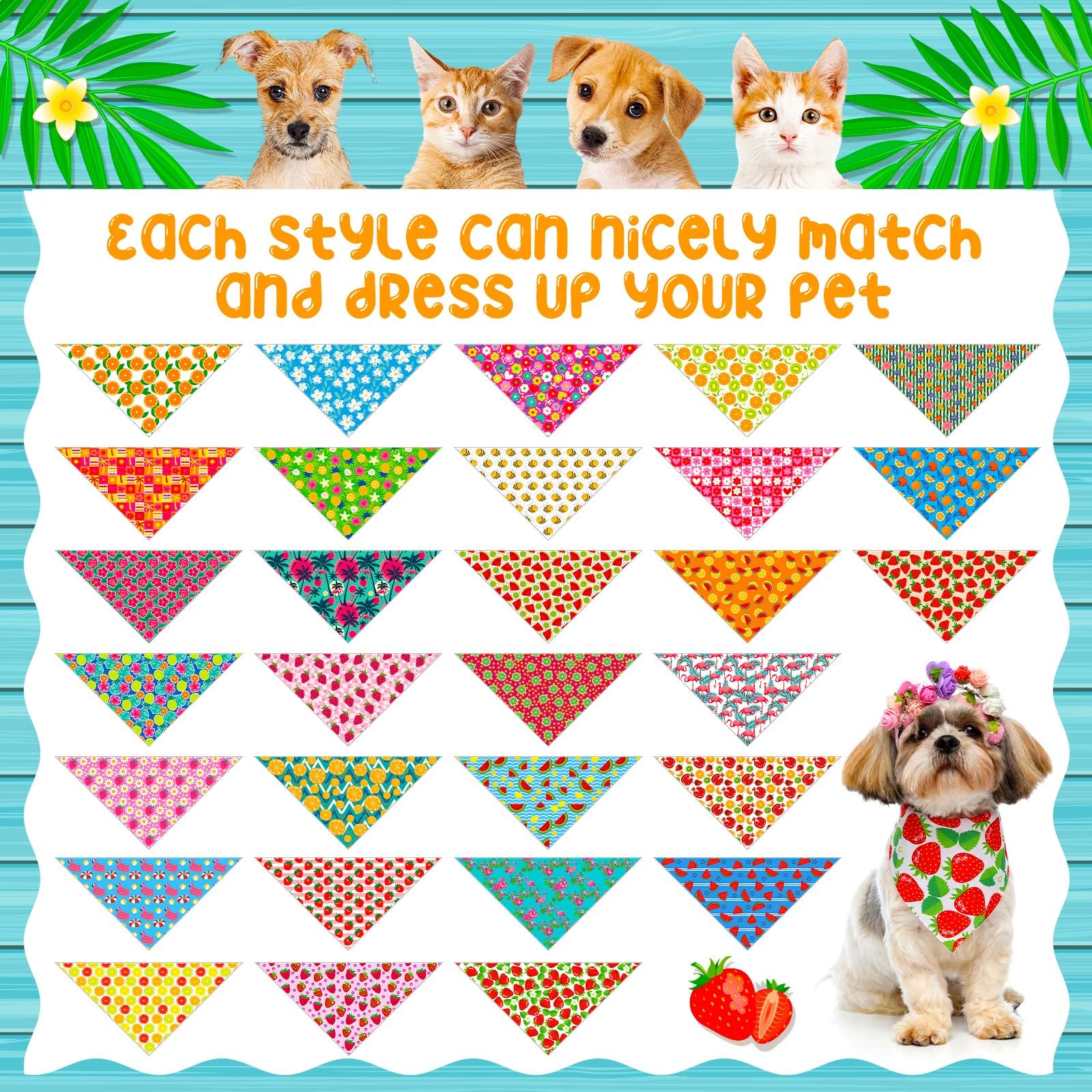 Sanwuta 120 bandane estive per cani, hawaiane e da frutta, triangolari, lavabili, bavaglini regolabili per animali domestici di piccola e media taglia, 30 stili