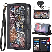 Asuwish Mobile Phone Case for OnePlus 6 Case with Strap Film Protective Film Card Slot Foldable Leather Wallet Stand OnePlus6 A6003 Zip Mobile Phone Cases Protective Phone Case Black
