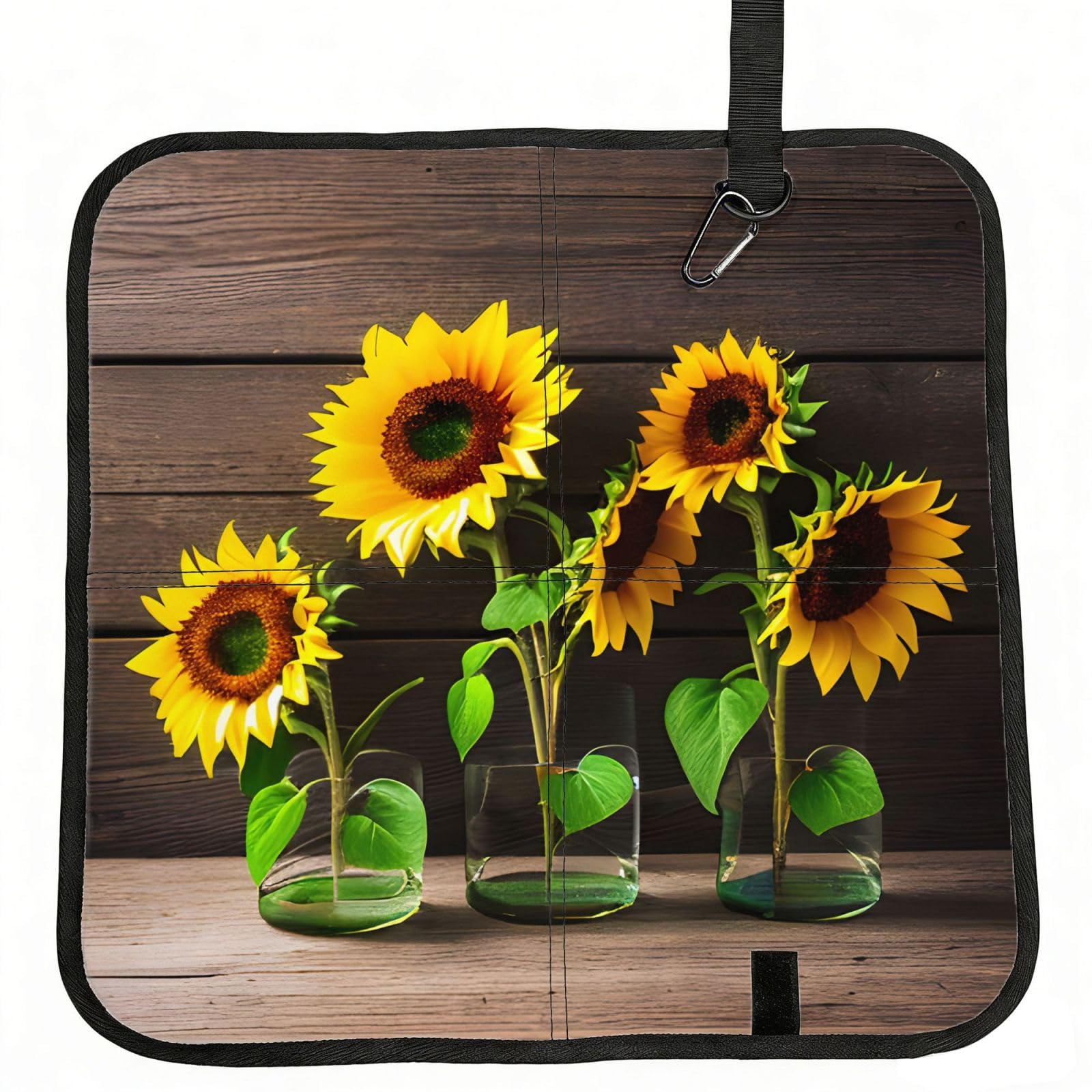 eeprty Three Sunflowers on Wooden Printed Portable Seat Cushion Strap, Foldable Pad for Stadium Bleachers Hiking Travel
