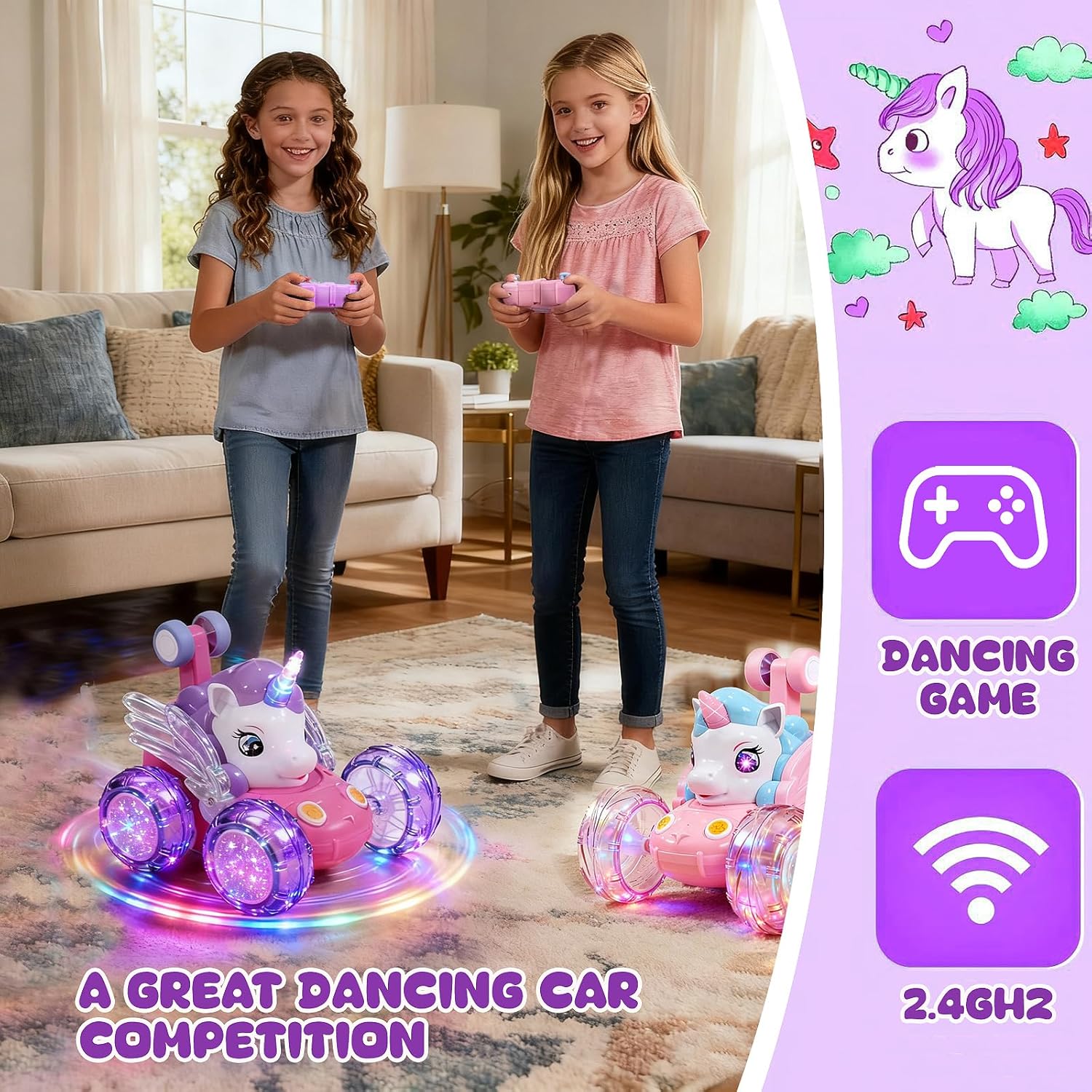 Unicorn Toys RC Car for Girls 4-6 Beginner-Friendly Cute Remote Control Toy - High-Speed All-Terrain 360°Flips Stunt & Cool Blinky Lights Ideal Christmas Birthday Gift for Age 3 4 5 6 7 8 - Purlple