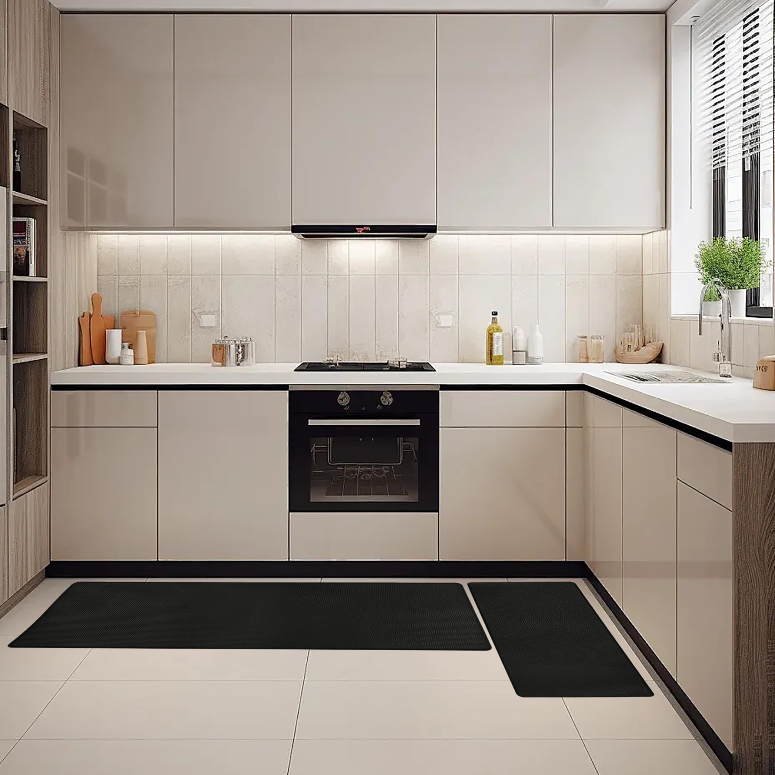 Alfombra Cocina Lavable Antideslizante Pack de 2 - Tapete Cocina Impermeable, Duradero y Fácil de Limpiar, Alfombra antifatiga, Alfombrilla Cocina PVC Resistente, 44x75 cm + 44x120 cm, Negro