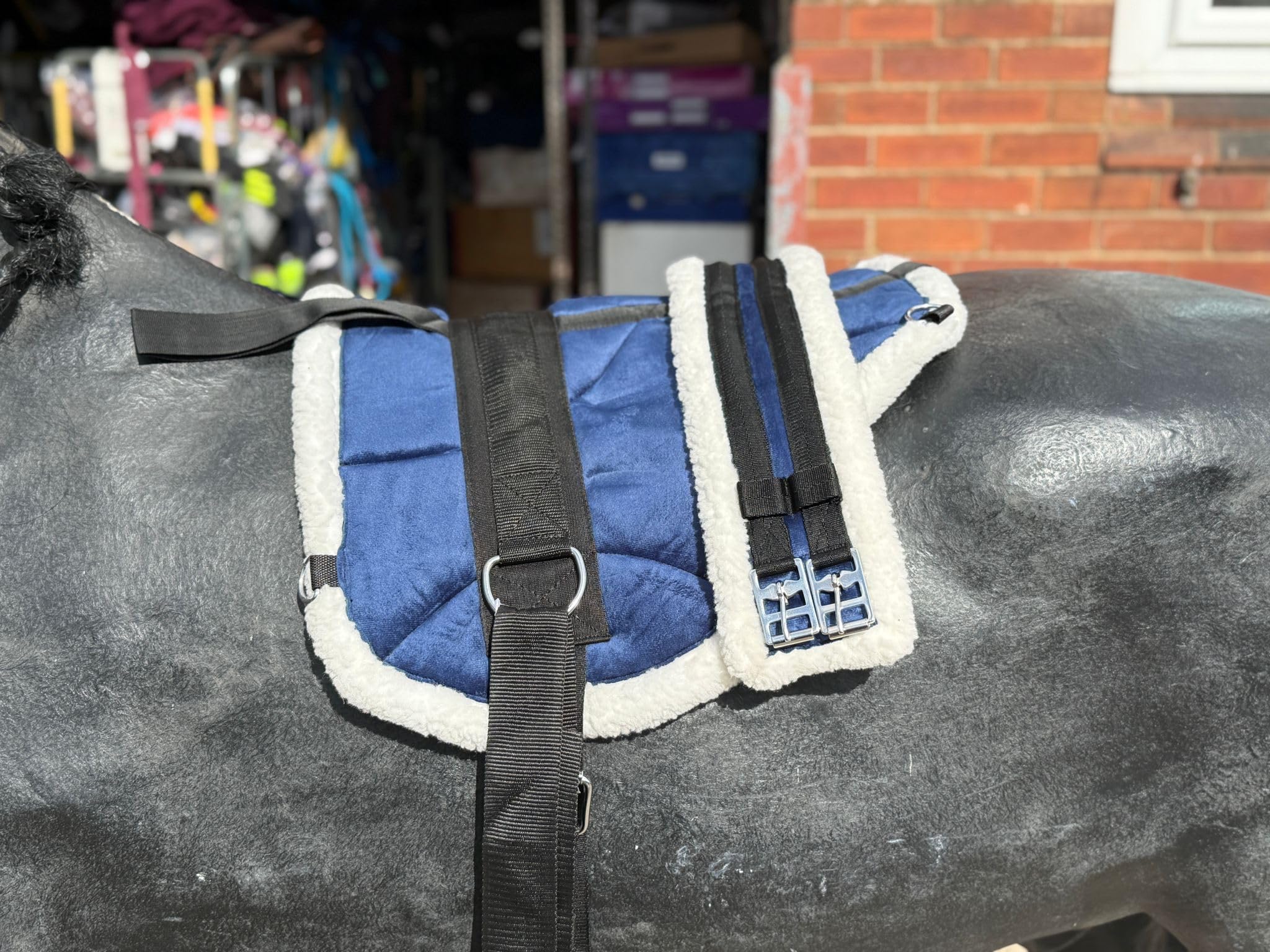 Horse Bareback Saddle Pad, Blue, Full-Pony Size, Synthetic Wool Lining, Adjustable Girth and Stirrups (Blue, Shetland)
