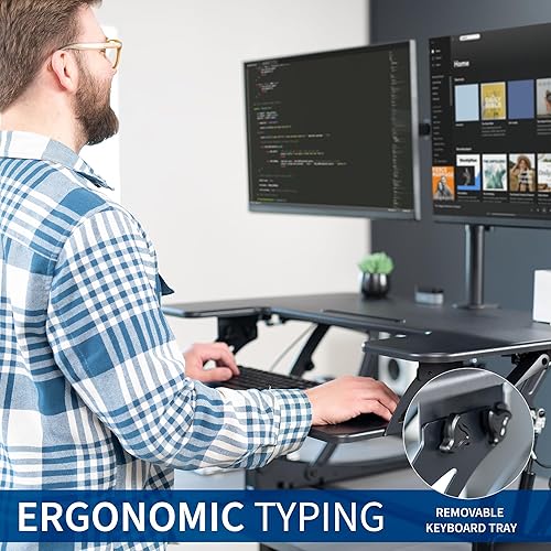 Miniatura 6 de VIVO DESK-KIT-0V02 Convertidor de escritorio de pie de 36 pulgadas con brazos de montaje de monitor dual para pantallas de hasta 30 pulgadas,