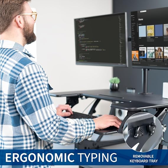 VIVO Black 36 inch Desk Riser with Monitor Mount, DESK-KIT-0V02 | Standing Desk Converter with Dual Monitor Mount for up to 30 inch Screens, Height Adjustable Riser with Dual Arms
