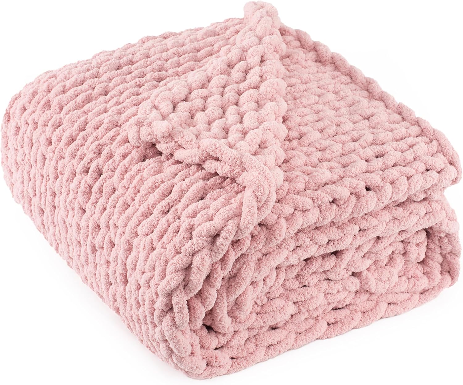 chunky knit throw blanket 60"x 80", 100% handmade with soft chenille yarn, 4.4lbs thick cable knitted blankets, large rope knot crochet throws for couch sofa bed home decor, dusty pink dusty pink 60x80 inch