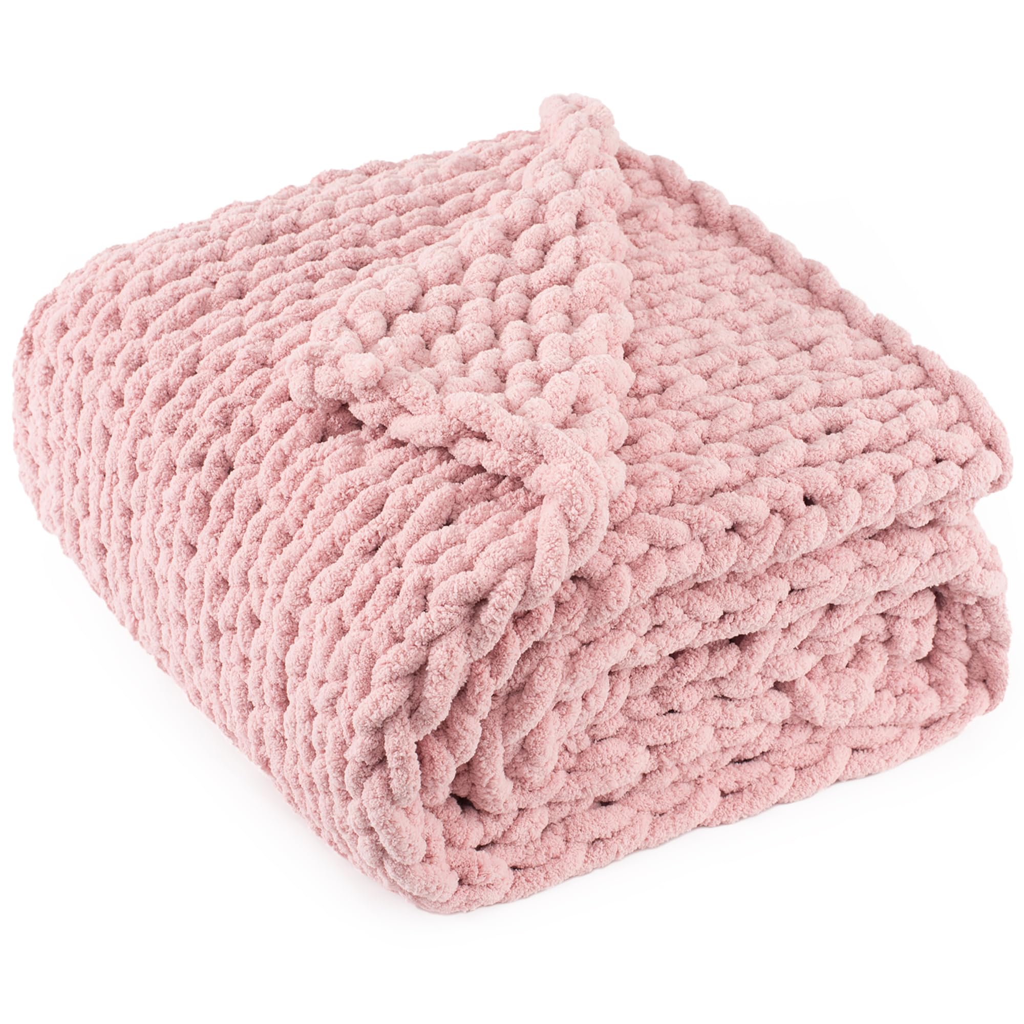 chunky knit throw blanket 50x60, 100% handmade chenille yarn | 4.4lbs soft thick cable knitted blankets, large rope knot crochet throws for couch sofa bed machine washable, dusty pink