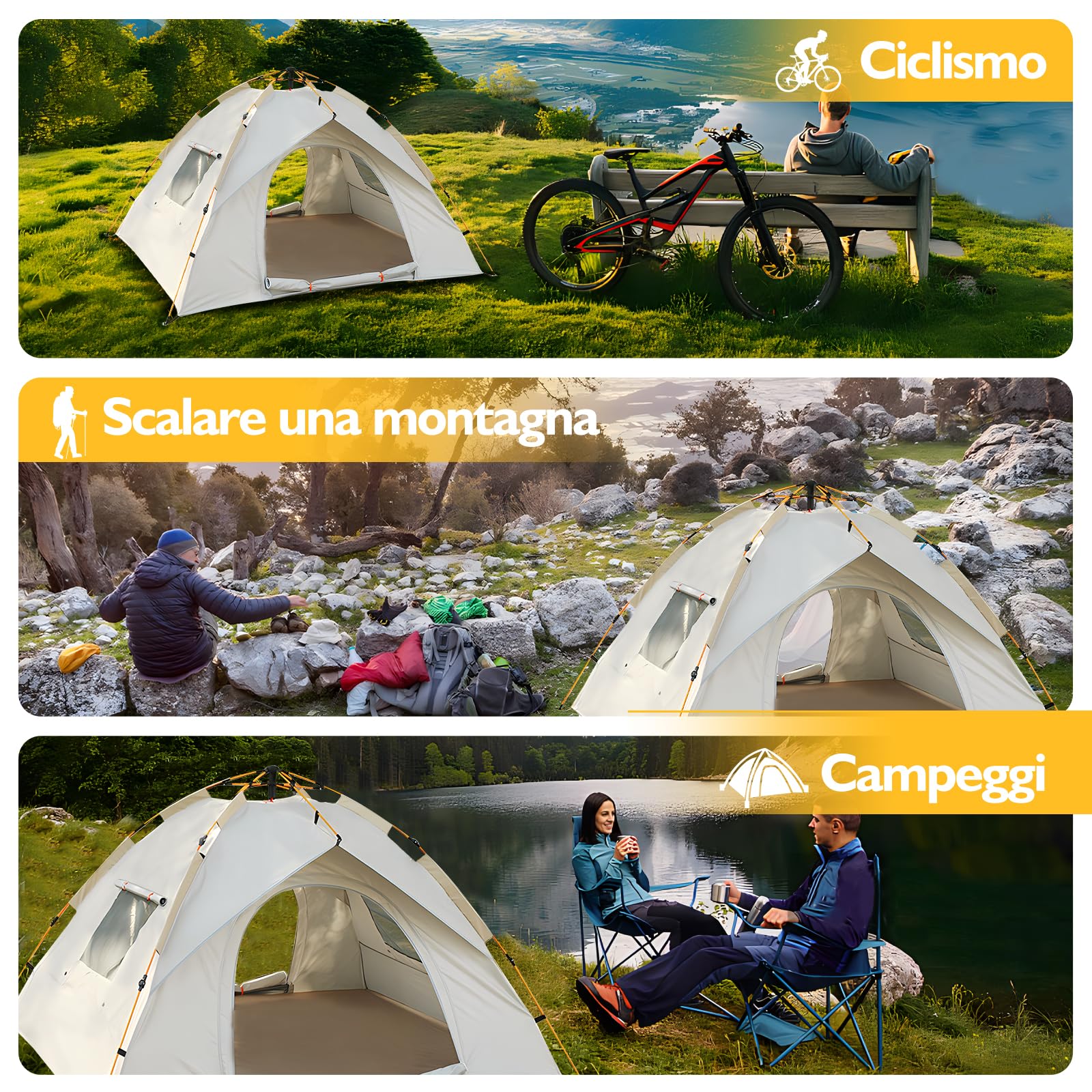 Tenda Campeggio 2-4 Posti Con Cuscinetto Antiumidità,Tenda da Campeggio,Tenda Pop Up,Ultraleggero, Protetto Dai Raggi UV, Impermeabile, Isolante, per lo Zaino in Spalla, Escursionismo e Altro Ancora