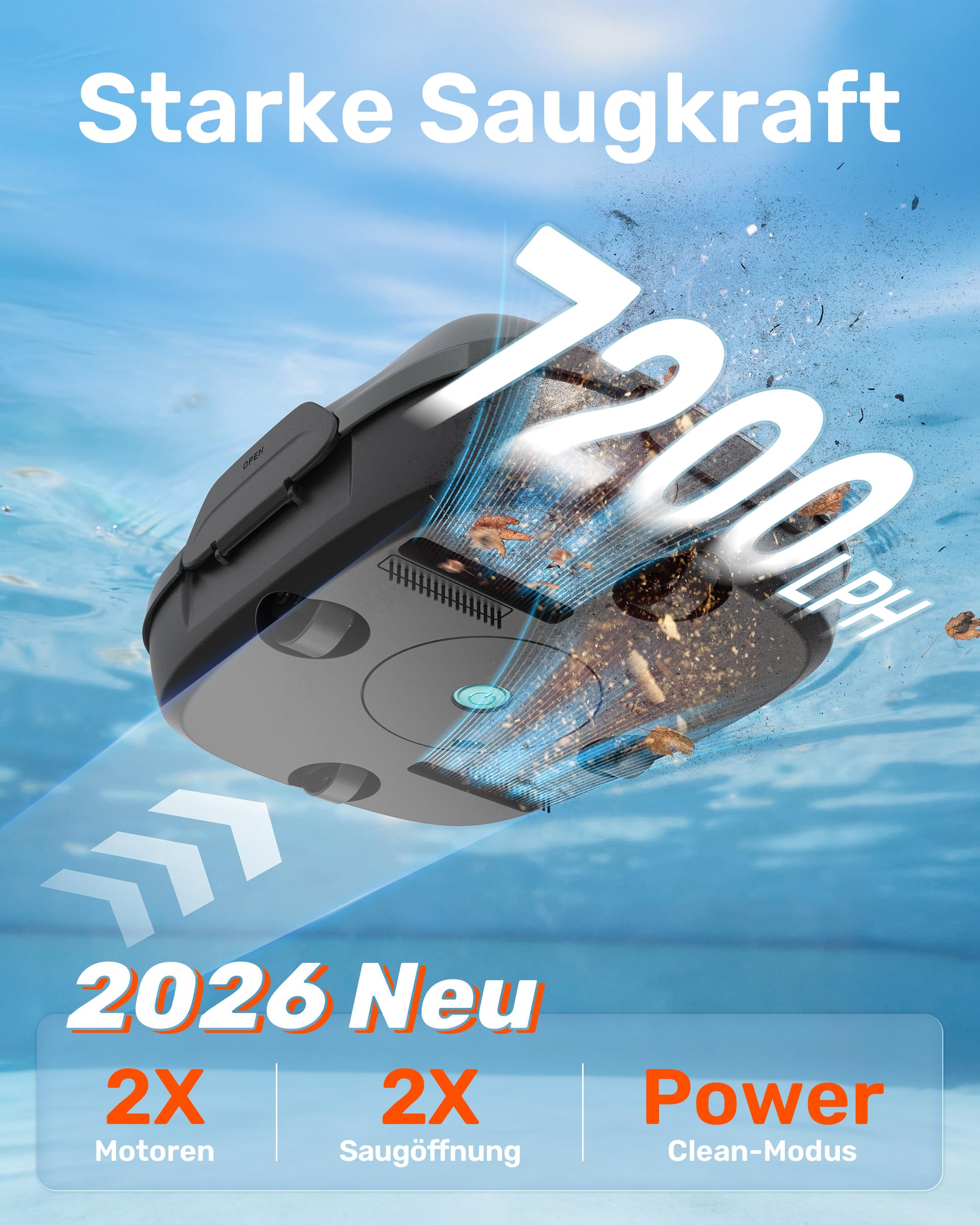 (Upgrade) Gosvor Poolroboter Akku, Bis zu 7200 LPH Effiziente Reinigung mit Power-Clean-Modus, Bis zu 90 Min., 3,4 KG Leicht, Einfach zu Bedienen & Warten, Poolsauger für Flache Böden bis 80㎡, Orange