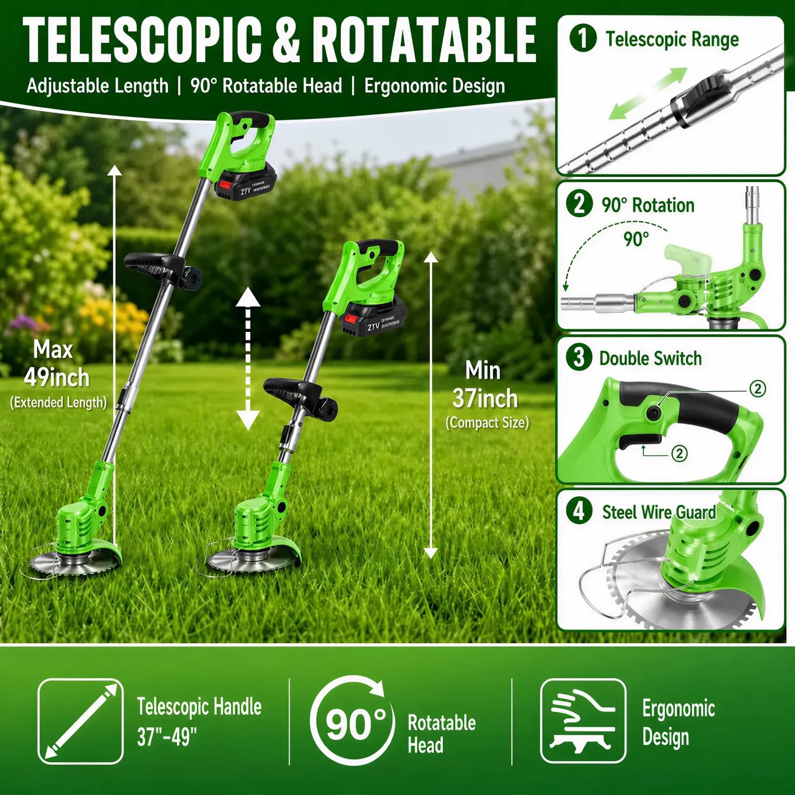 Debroussailleuse Electrique sans Fil 21V, Coupe Bordure sans Fil avec Batterie et 4 Types de Lames, Débroussailleuses Electrique Batterie pour la Coupe de Jardin, Pelouses et Terres Agricoles