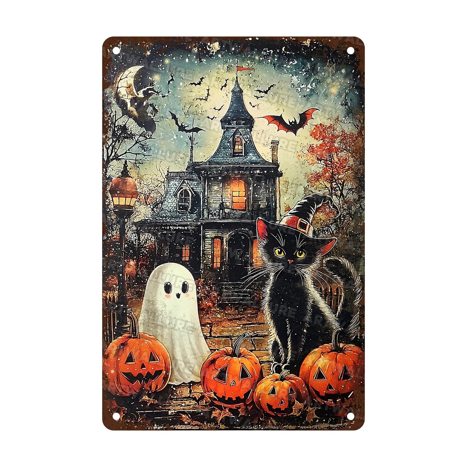 Anceky Tin Sign Halloween Black Cat Pumpkin Metal Signs Funny Wall Decor for Farmhouse Home Cafe Kitchen Garage Bar 12×8 Inch