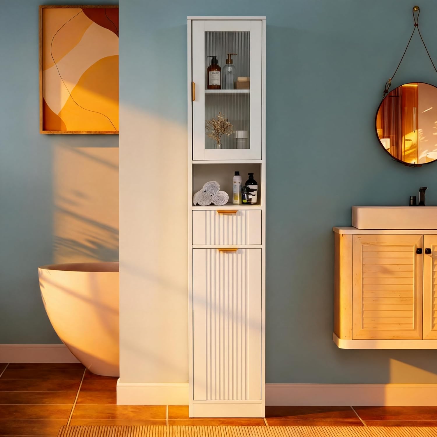 Einhomn 67" Tall Bathroom Storage Cabinet with Removable Laundry Basket & Shelf, Narrow Bathroom Cabinet Storage with Glass Door and Drawer, for Bathroom, Living Room, Entryway, Kitchen, White