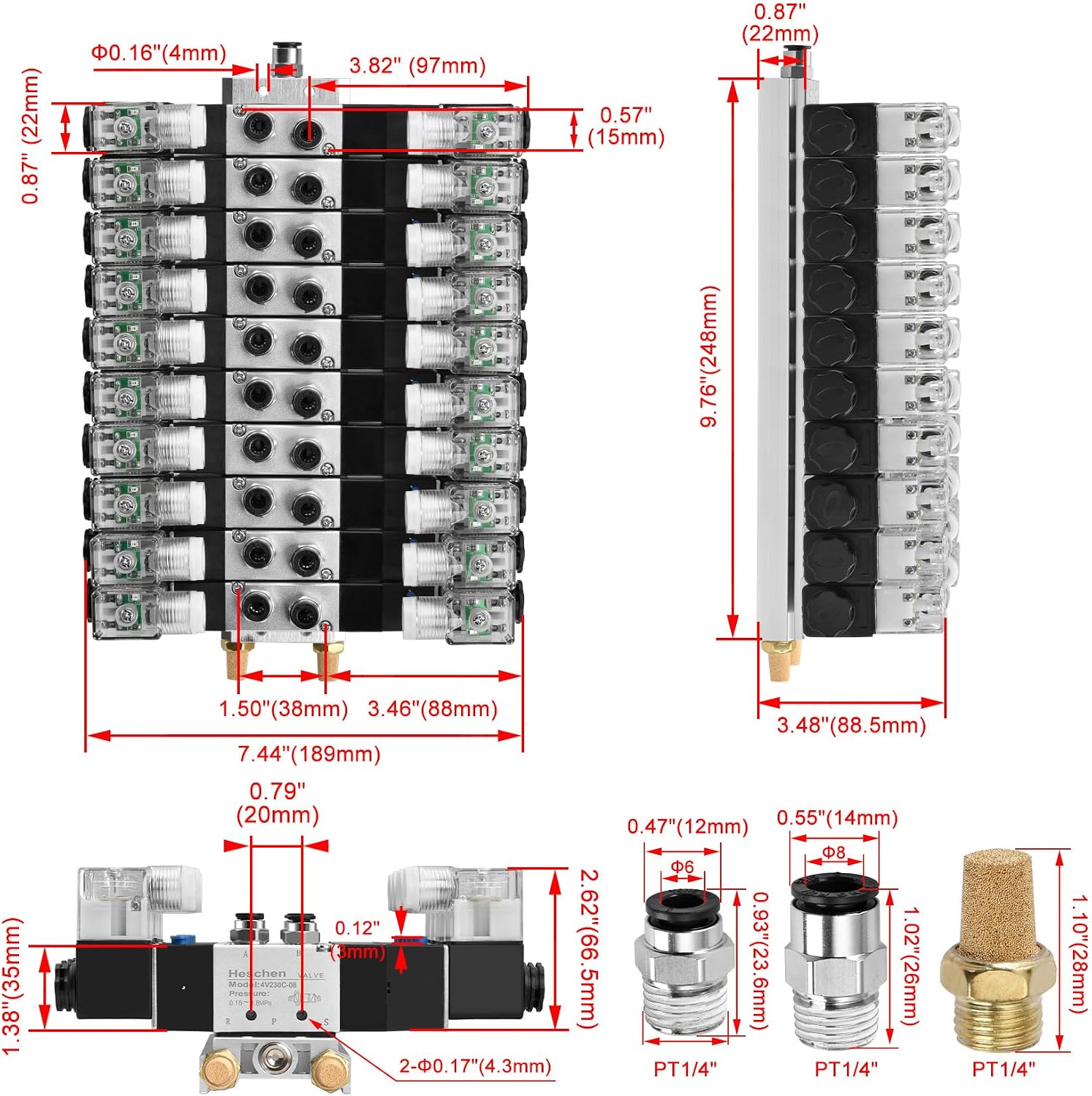 Heschen Electrical Pneumatic 10 Solenoid Valve, 4V230C-08, 12VDC, PT1/4, 5 Way 3 Position, Manifold Base, Muffler, Quick Fittings Set, CE