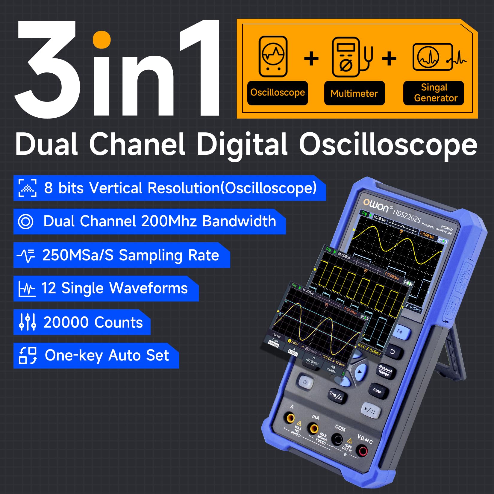 Multímetro osciloscopio portátil, 2 canales, ancho de banda de 200 MHz, frecuencia de muestreo de 1 GS/s, 20 000 cuentas, osciloscopio automotriz digital portátil 3 en 1 (OWON-HDS2202S-01S)