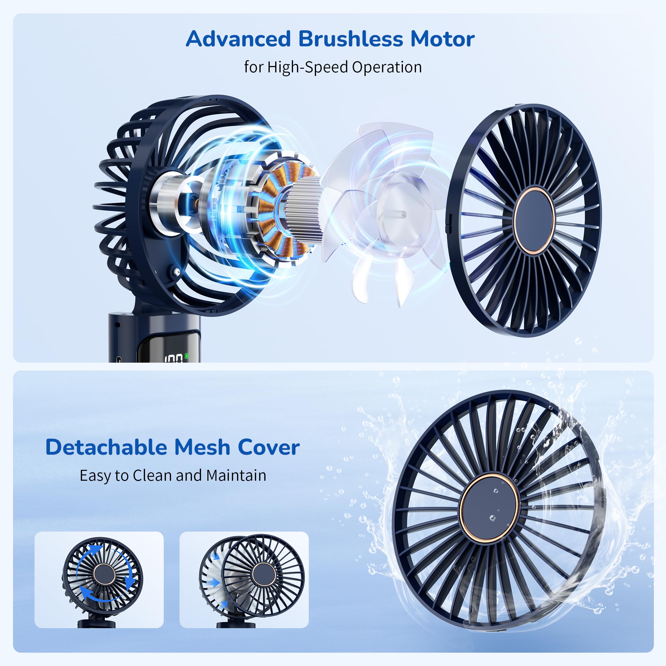 Ventilatore a Mano,Mini Ventilatore Portatile,5200mAh Ricaricabile,Piccolo Ventilatore Tascabile Con 6 Livelli di Velocità,Ventilatore USB Pieghevole a 180° per Casa,Ufficio,Scuola,Esterno, Blu