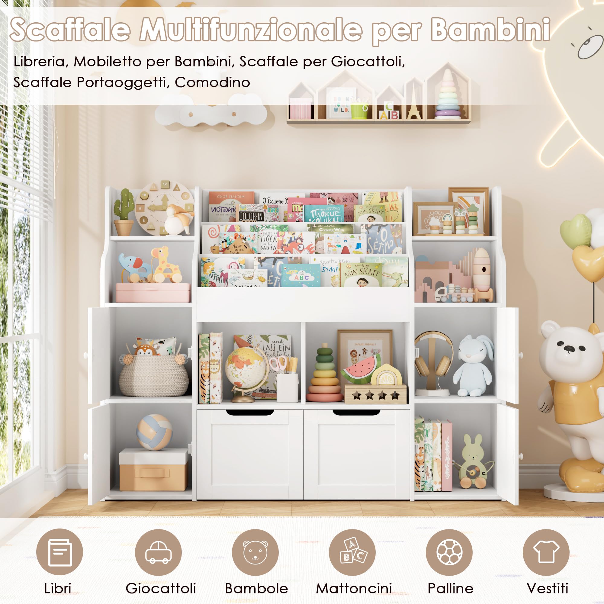 FOREHILL Scaffale Portagiochi Bambini, Libreria per Bambini a 6 Scomparti Aperti e 4 Ante, Mobile Giochi a 2 Cassetti su Ruote, per Cameretta e Stanza dei Giochi, 122x30x100cm Bianco