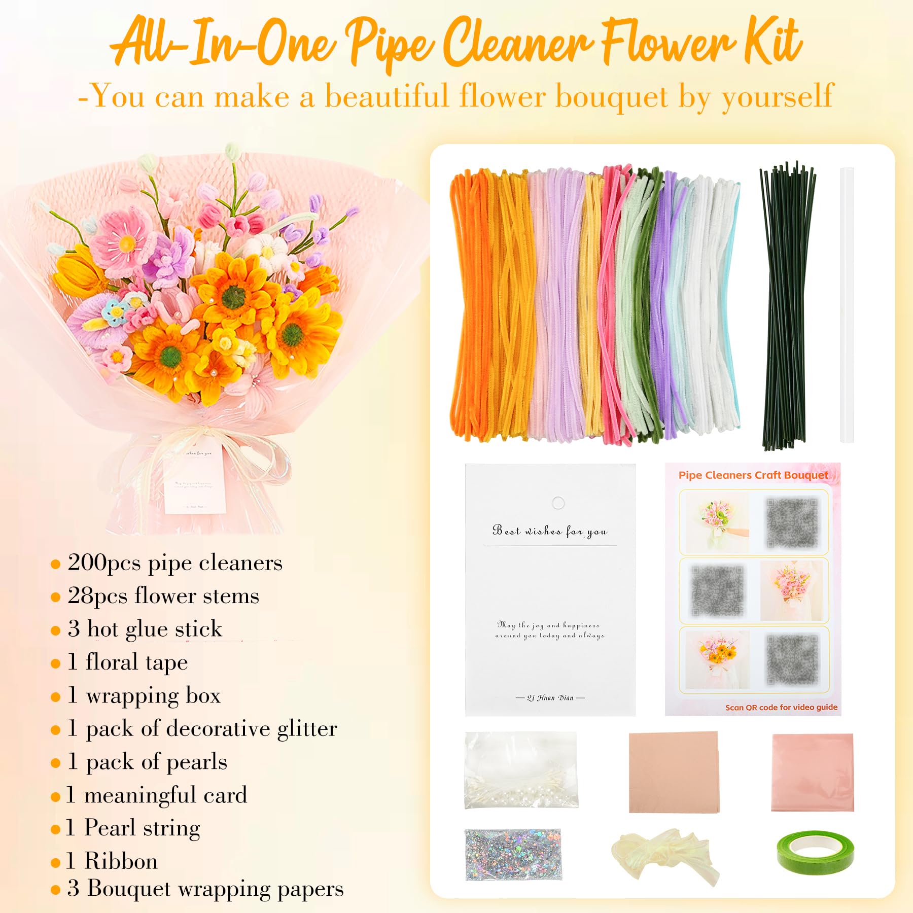 Pipe Cleaners Craft - Pipe Cleaners Flowers, Pipe Cleaner Flower Kit, DIY Pipe Cleaners Flower Bouquet Craft Supply Kit for Art Project Activity, Birthday Mother’s Day Anniversaries Graduations Gifts