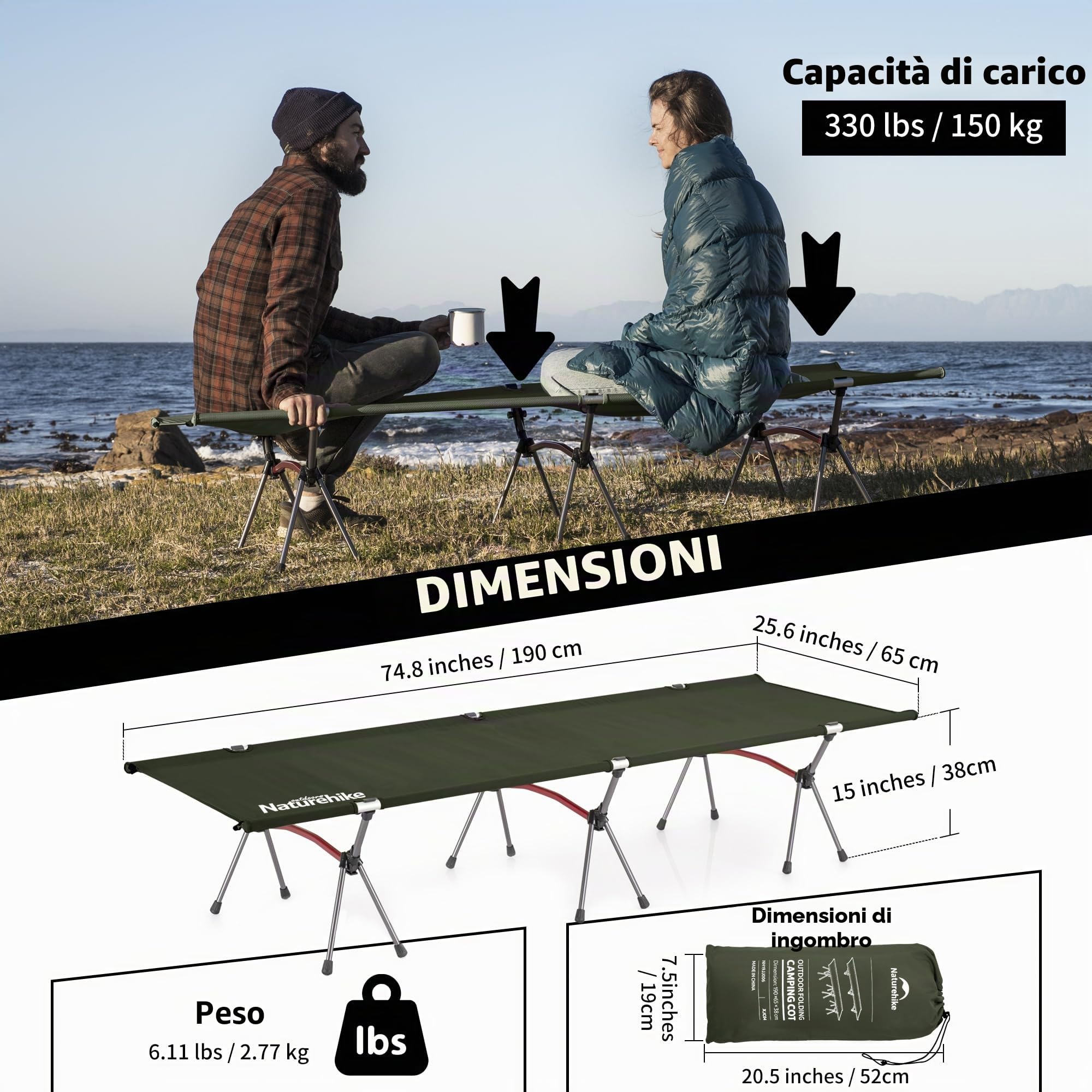Naturehike Lettino da campeggio ultraleggero con portata di 150 kg, regolabile in altezza e pieghevole, portatile, ideale come campeggio, pausa pranzo o letto per gli ospiti
