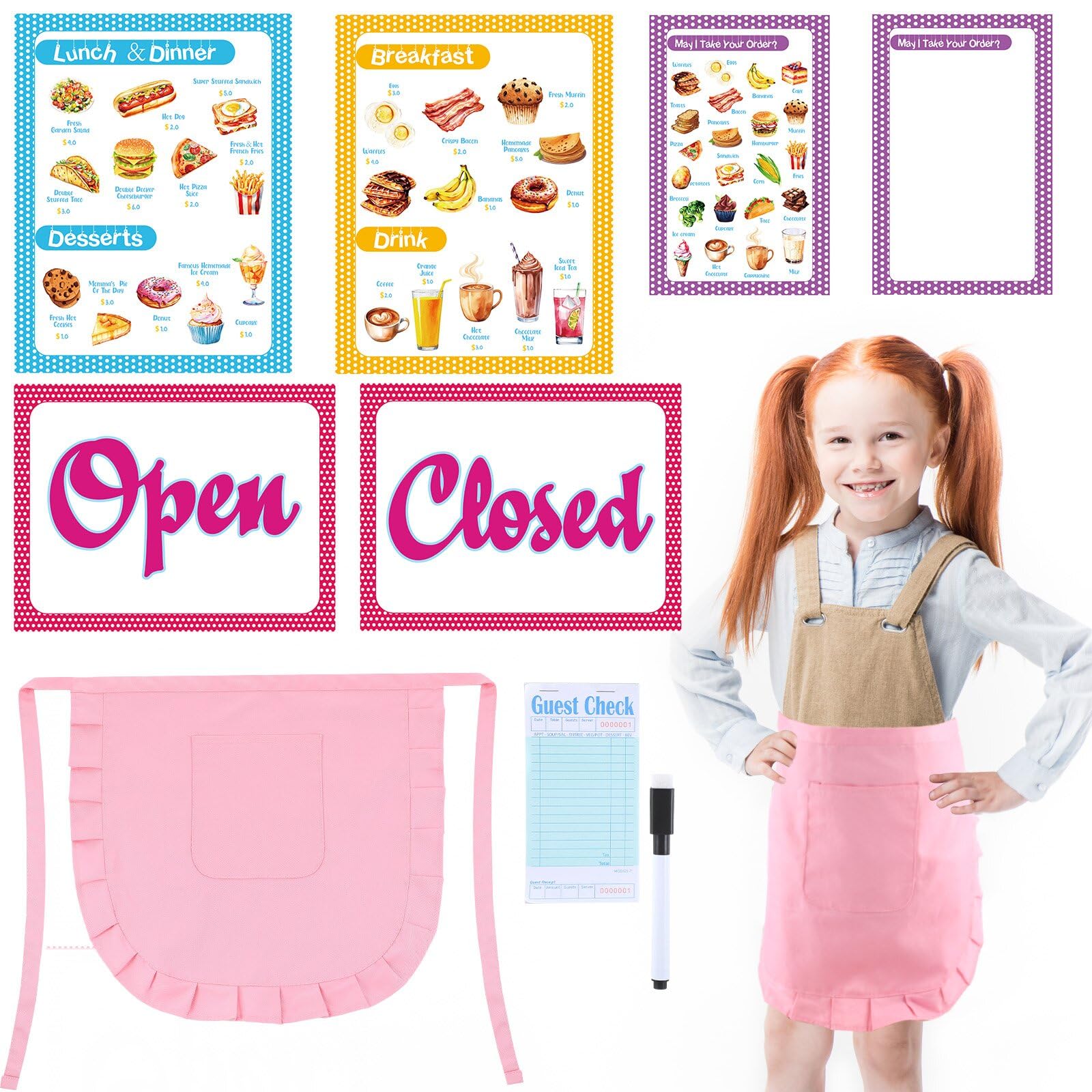Yinkin 7 Pcs Restaurant Play Set for Kids Food Play Kitchen Accessories Restaurant Toy, 4 Pretend Menu 1 Guest Check Server Notepad 1 Erasable Pen 1